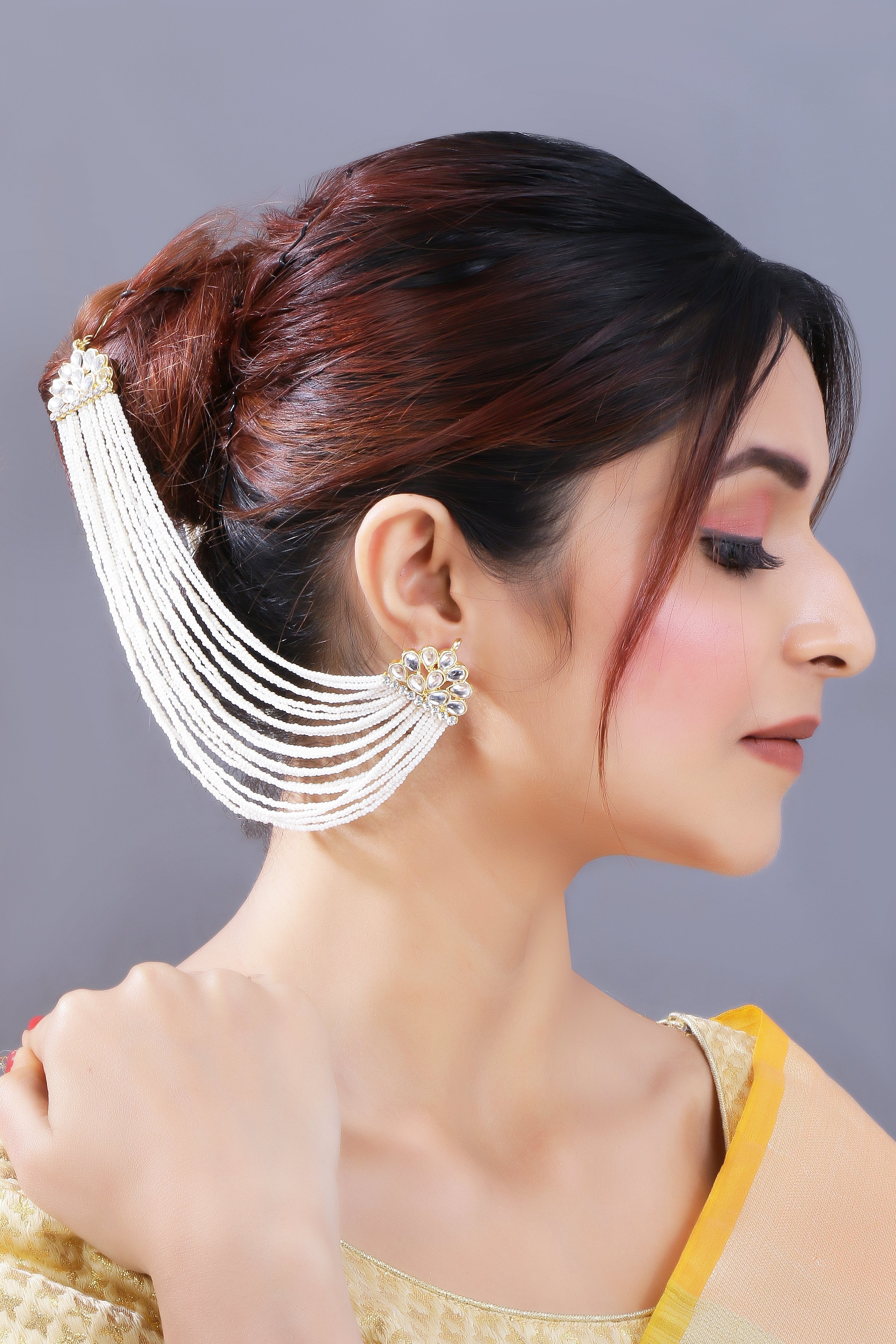 Women's Gold Plated White Multi Strand Earring With Ear Chain Embellished With Pearl