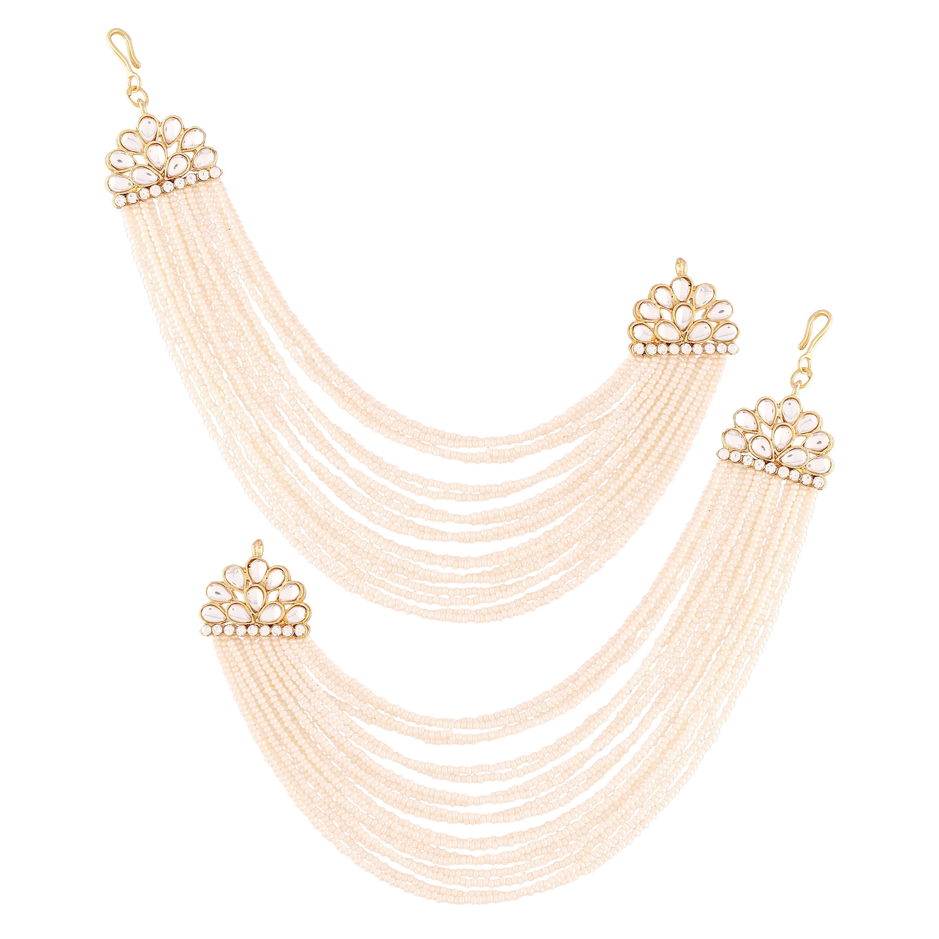Women's Gold Plated White Multi Strand Earring With Ear Chain Embellished With Pearl