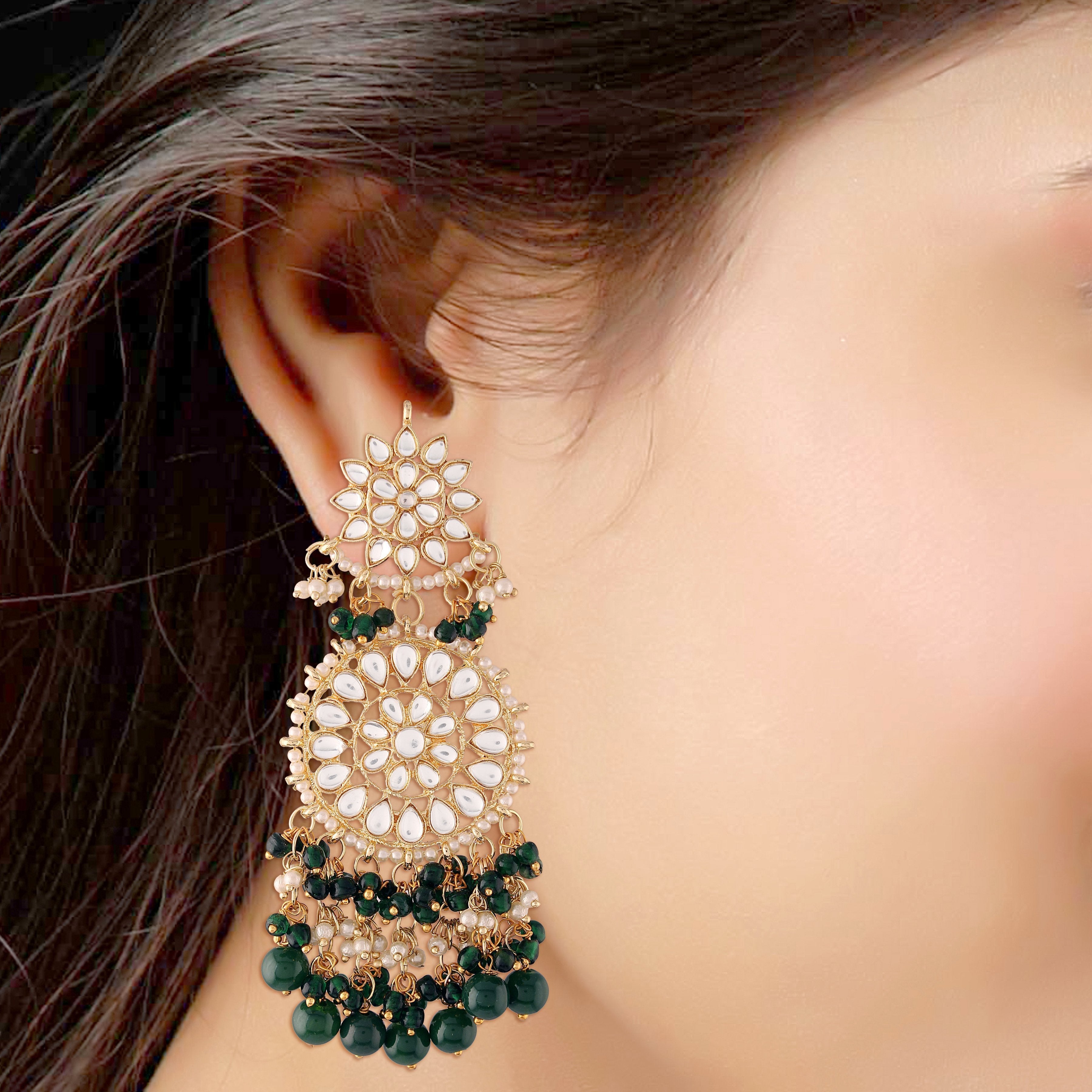 Women's  Gold Plated Green Drop Earrings Glided With Kundans & Pearls
