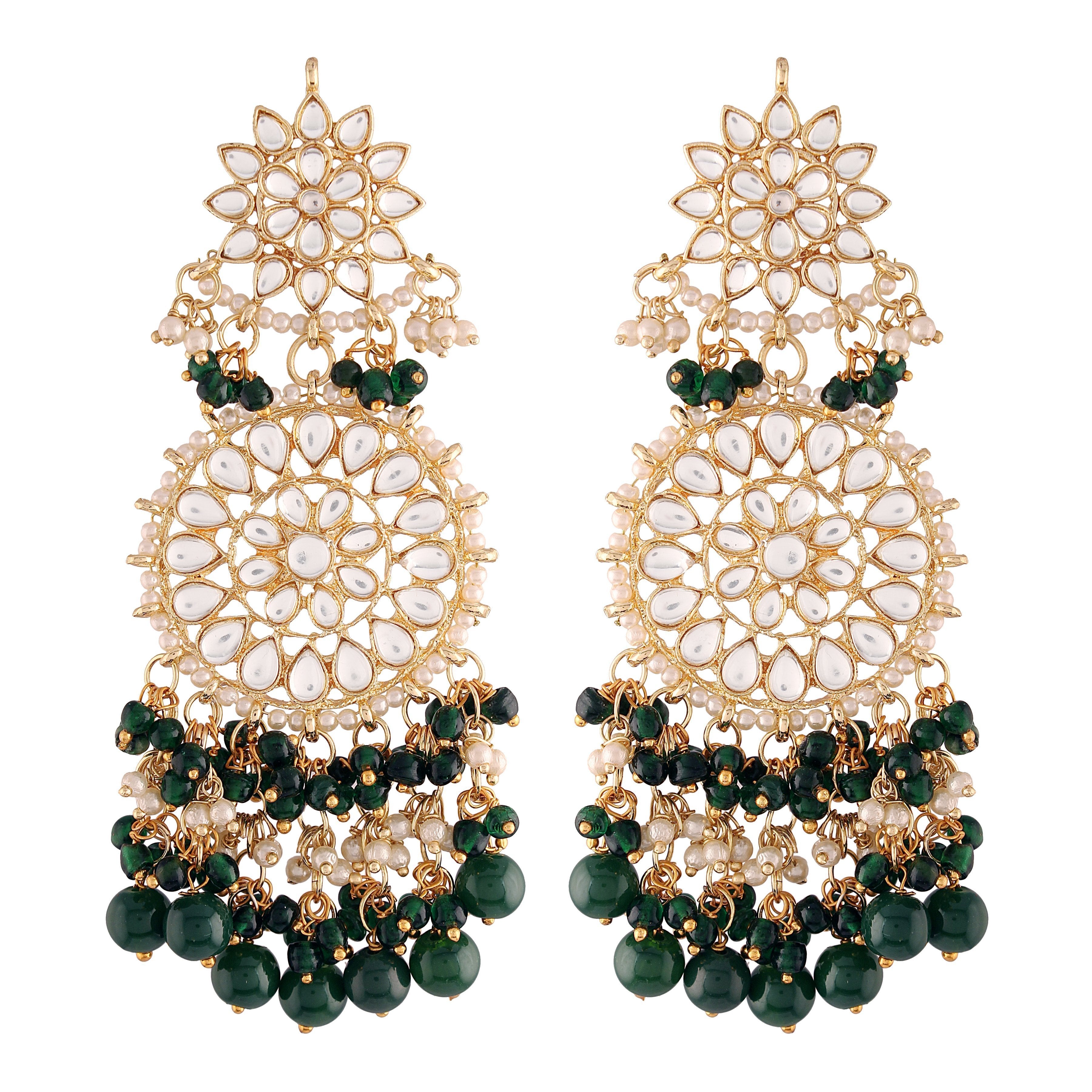 Women's  Gold Plated Green Drop Earrings Glided With Kundans & Pearls