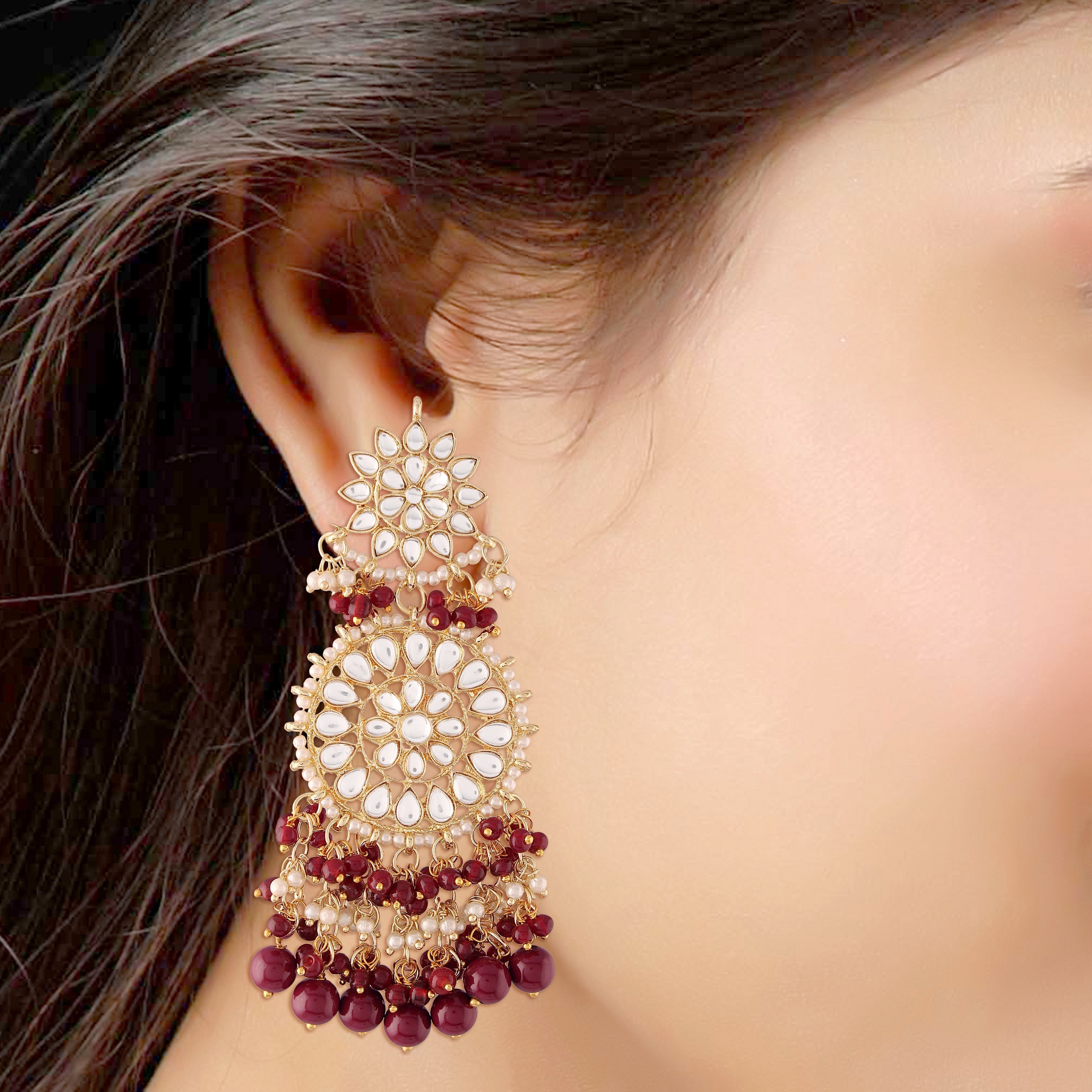 Women's  Gold Plated Maroon Drop Earrings Glided With Kundans & Pearls