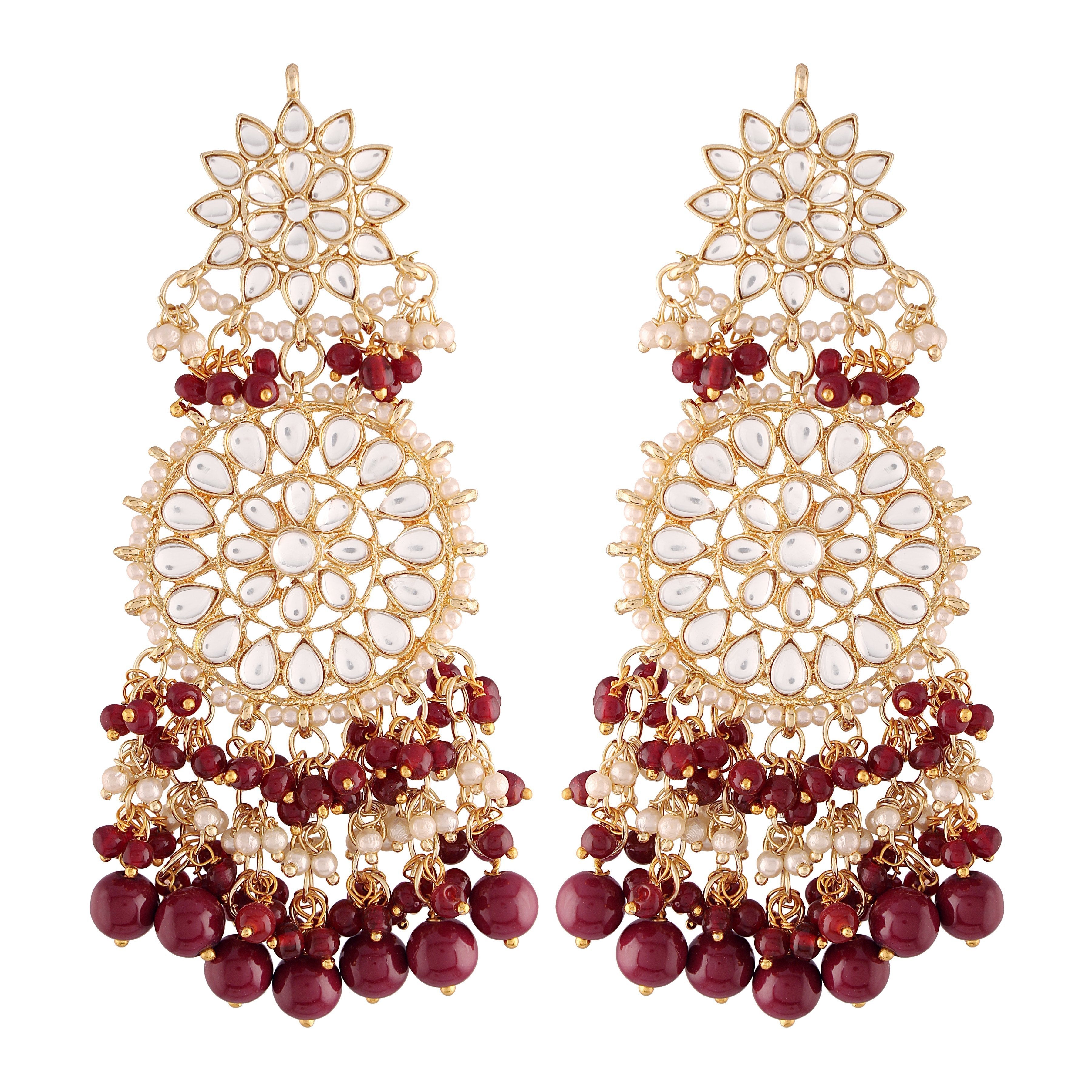 Women's  Gold Plated Maroon Drop Earrings Glided With Kundans & Pearls