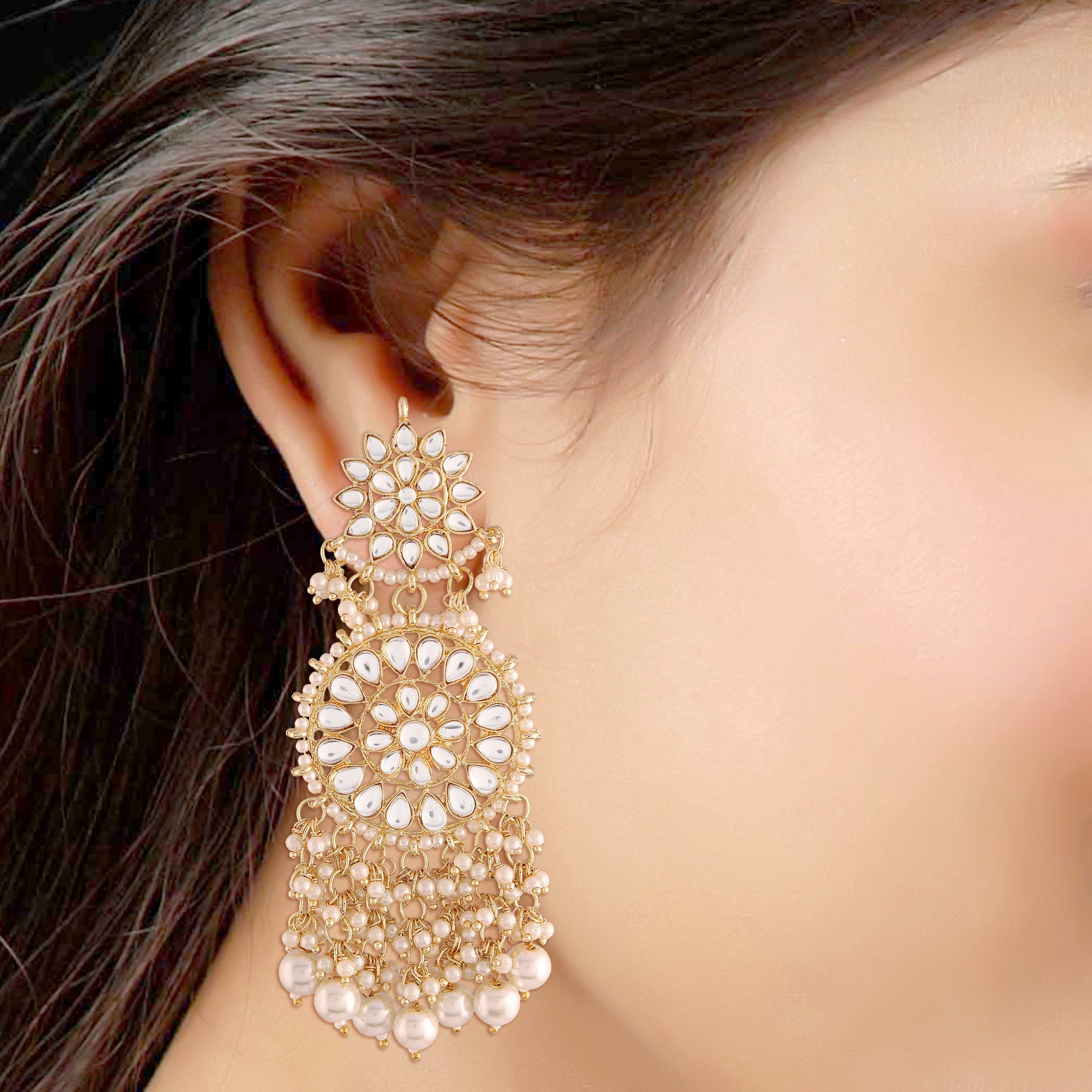 Women's  Gold Plated White Drop Earrings Glided With Kundans & Pearls