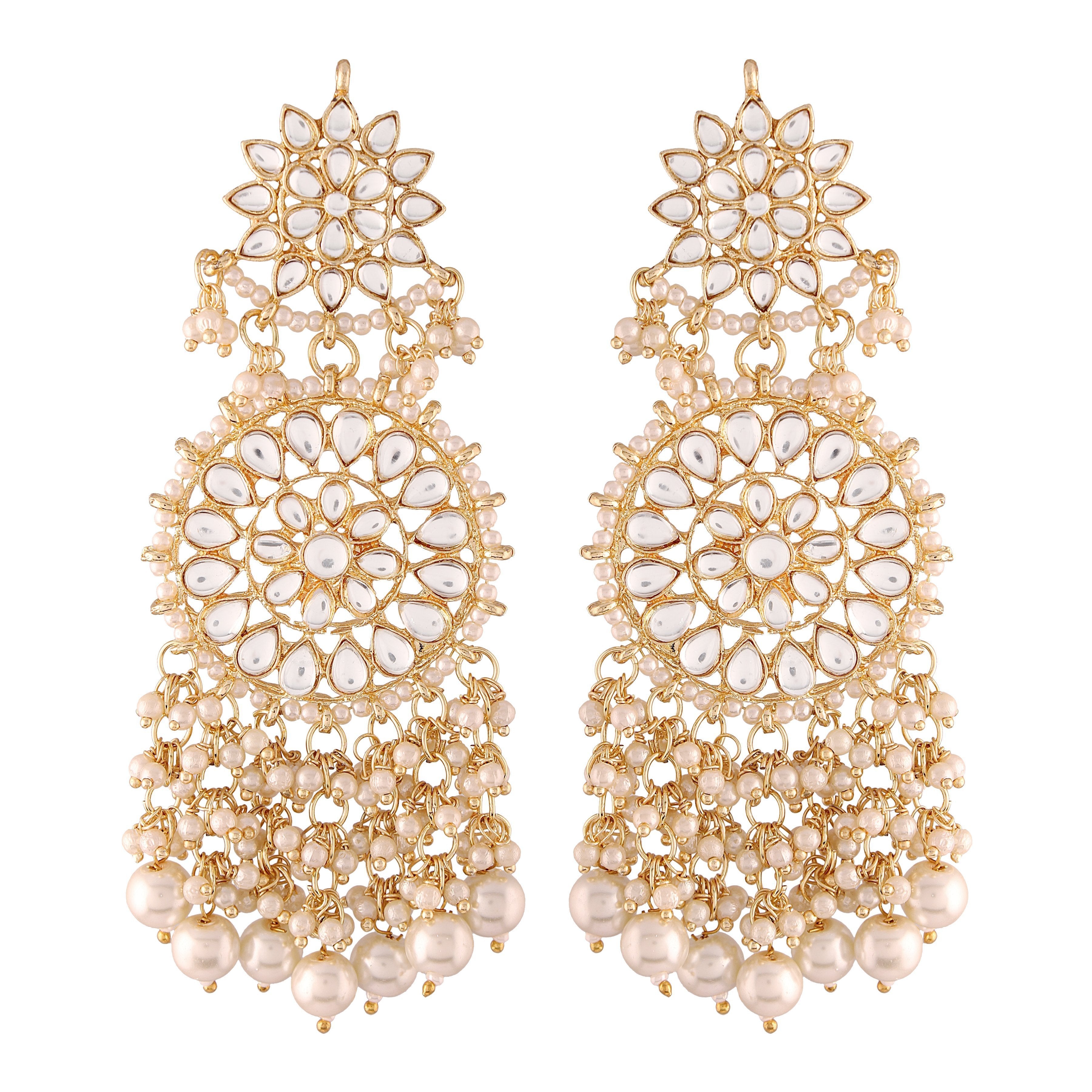 Women's  Gold Plated White Drop Earrings Glided With Kundans & Pearls