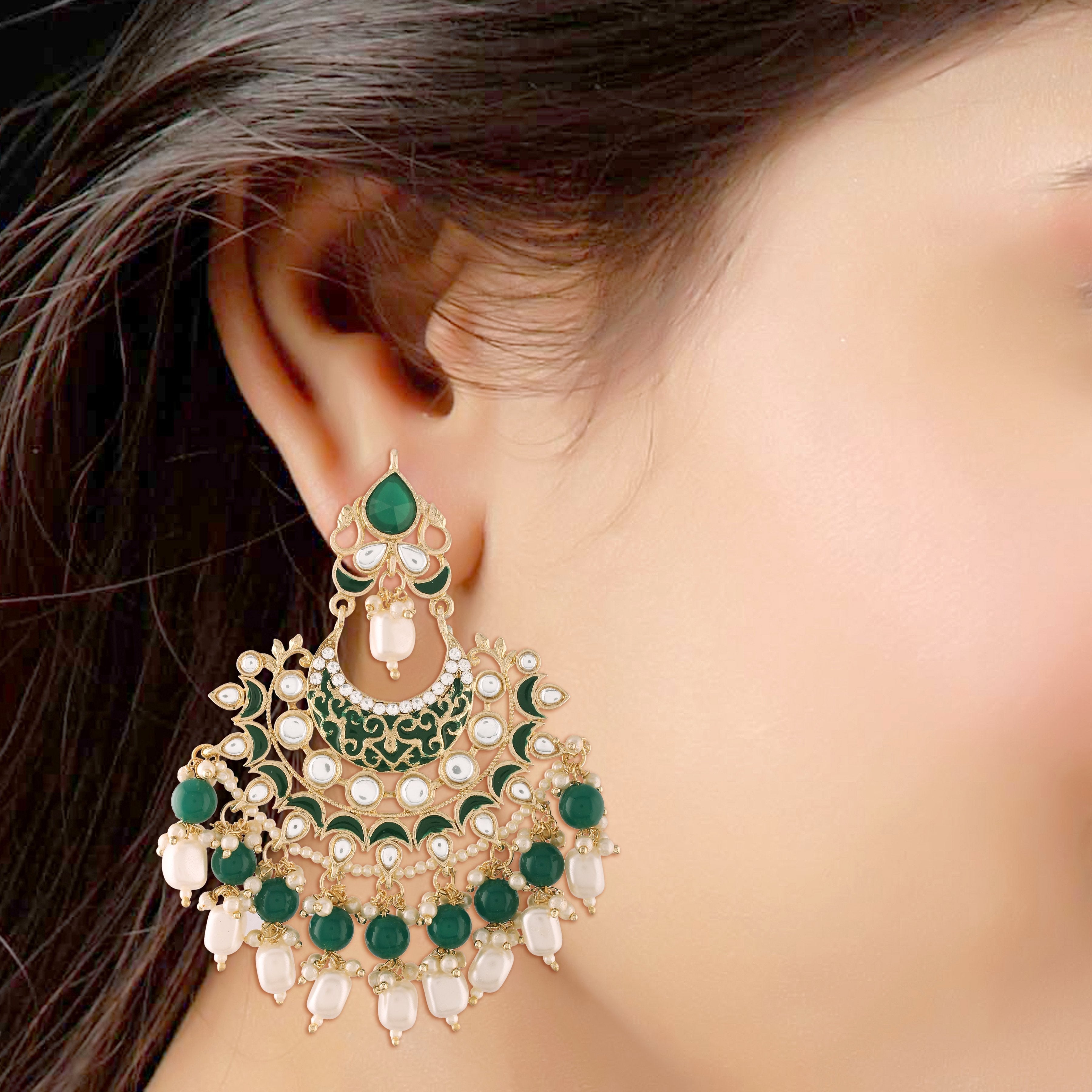 Women's Green Gold Plated, Enamel Kundan Stones & Pearl Earrings