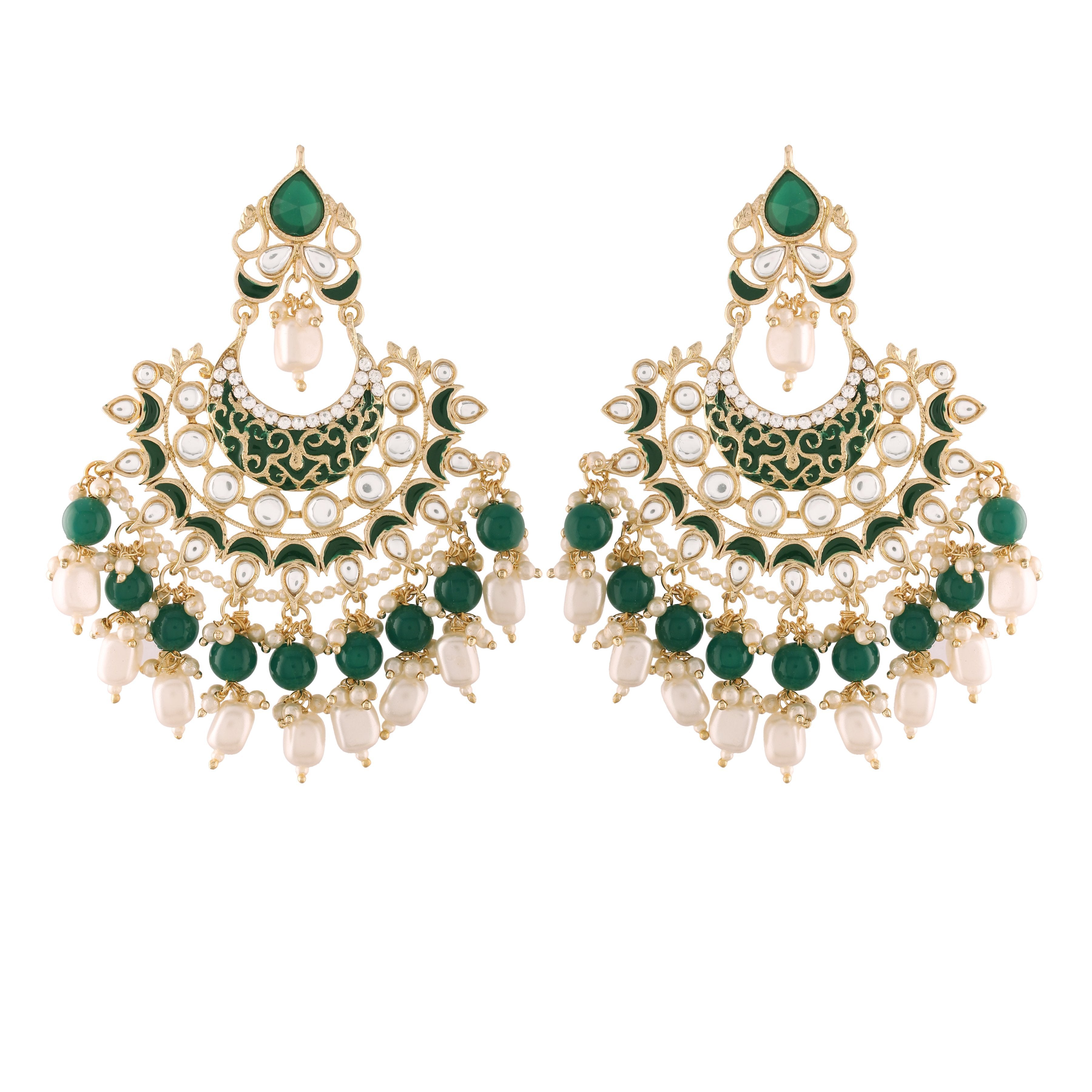 Women's Green Gold Plated, Enamel Kundan Stones & Pearl Earrings