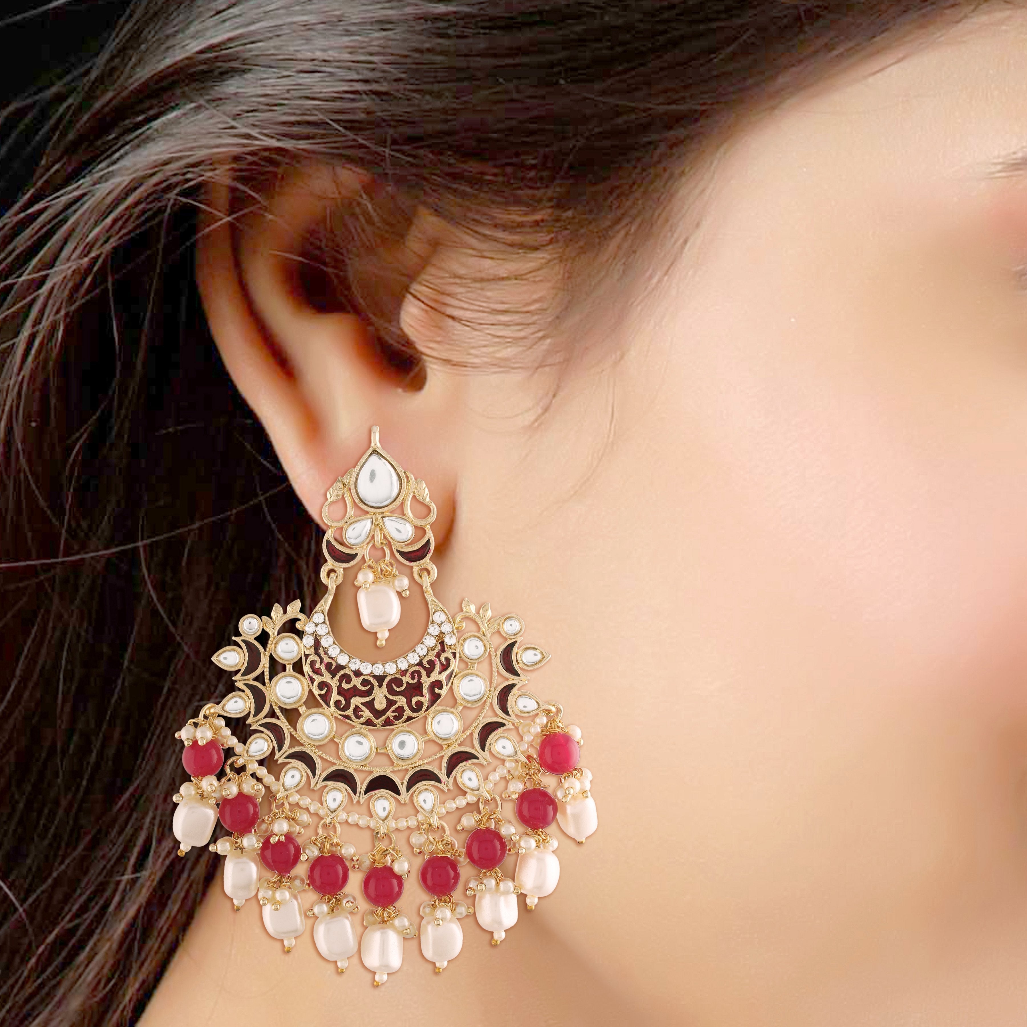 Women's  Gold Plated Red Enamel Glided With Kundans And Pearls Traditional Earrings