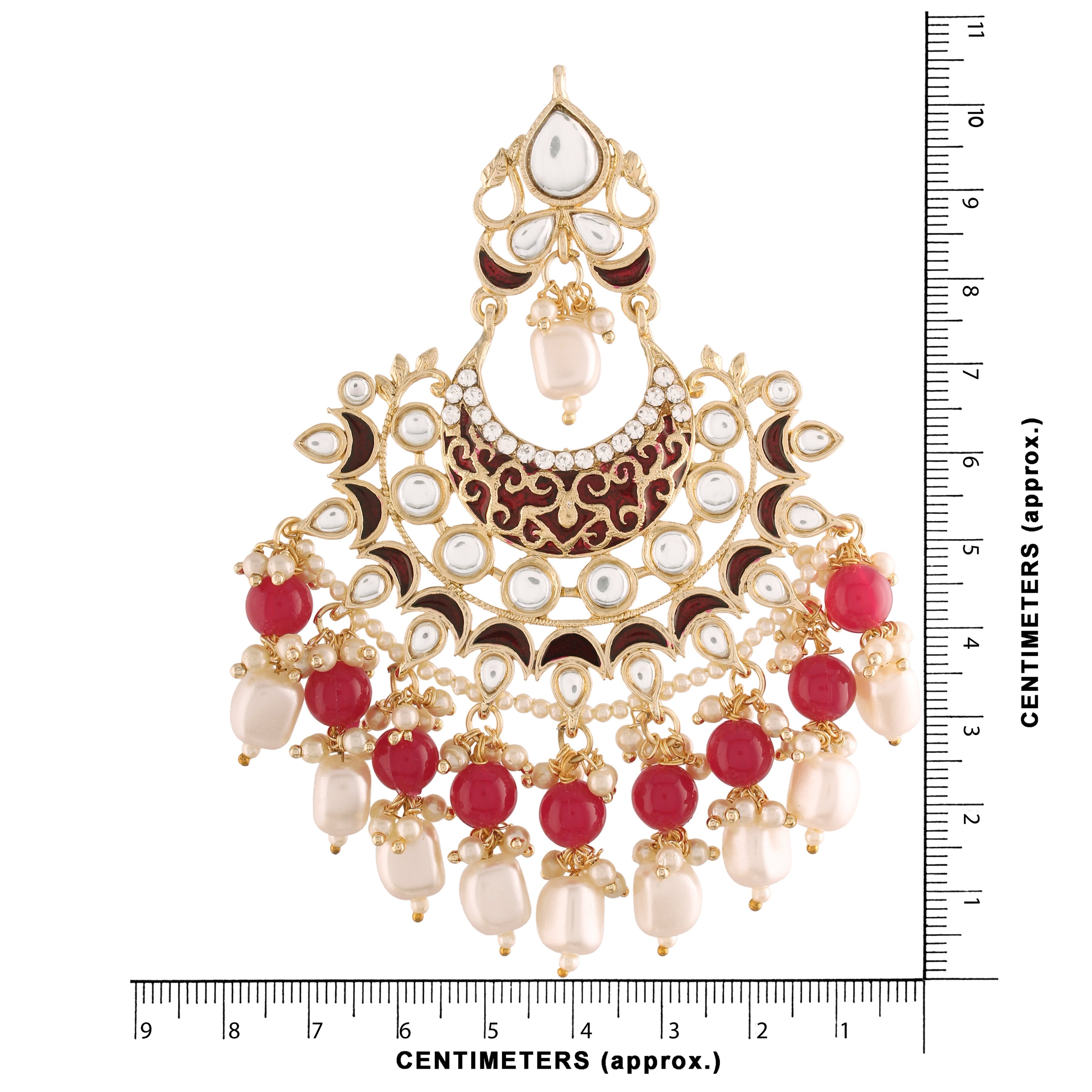 Women's  Gold Plated Red Enamel Glided With Kundans And Pearls Traditional Earrings
