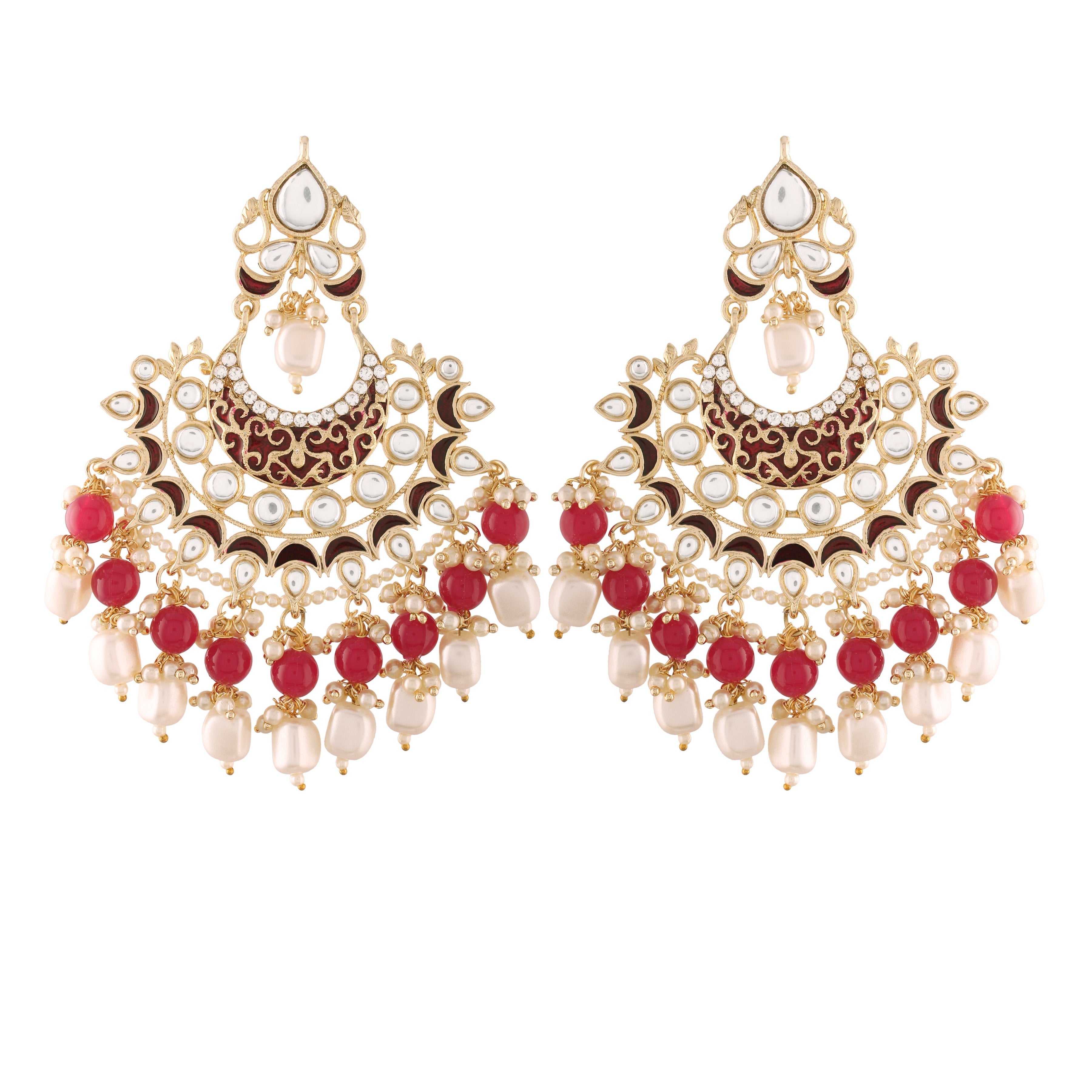 Women's  Gold Plated Red Enamel Glided With Kundans And Pearls Traditional Earrings