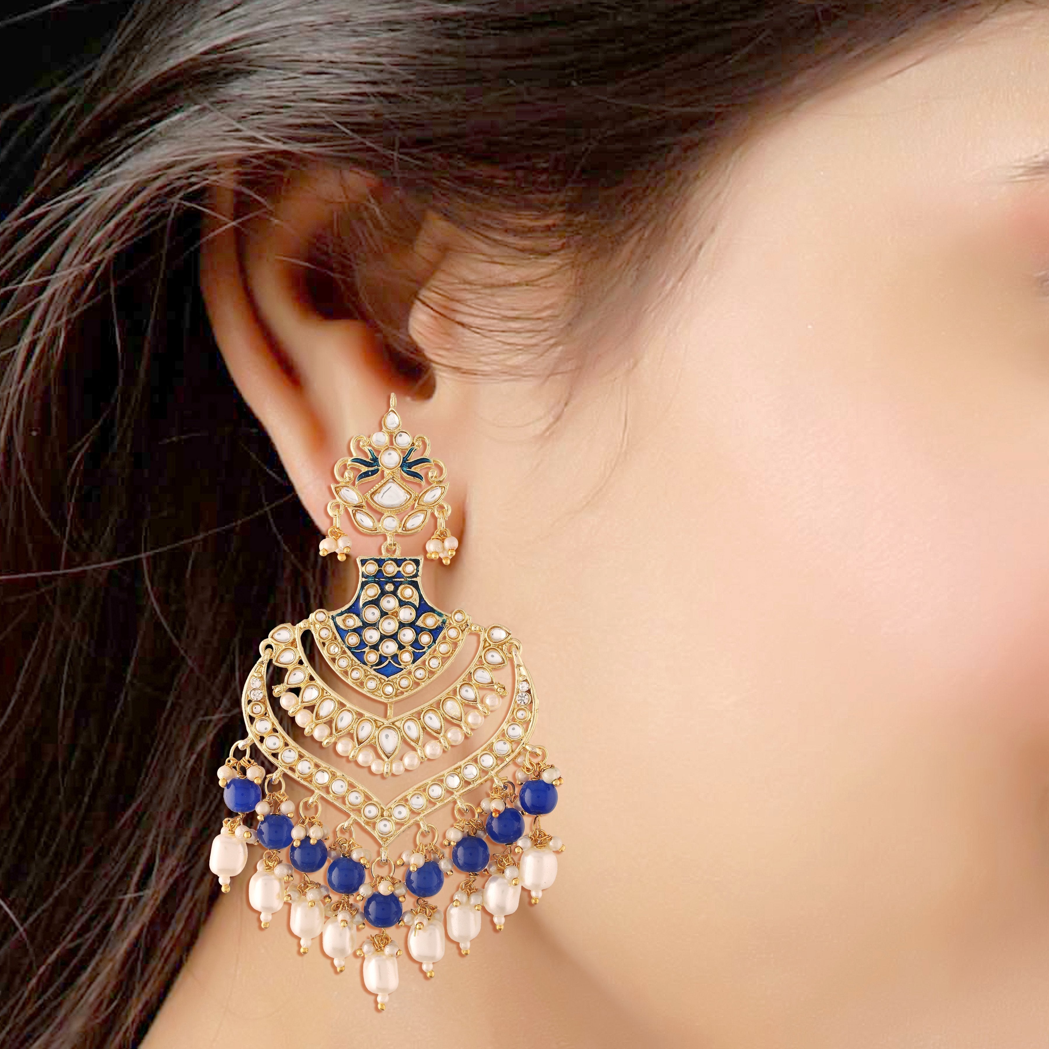 Women's  Gold Plated Blue Long Earrings Enamel Glided With Kundans & Pearls