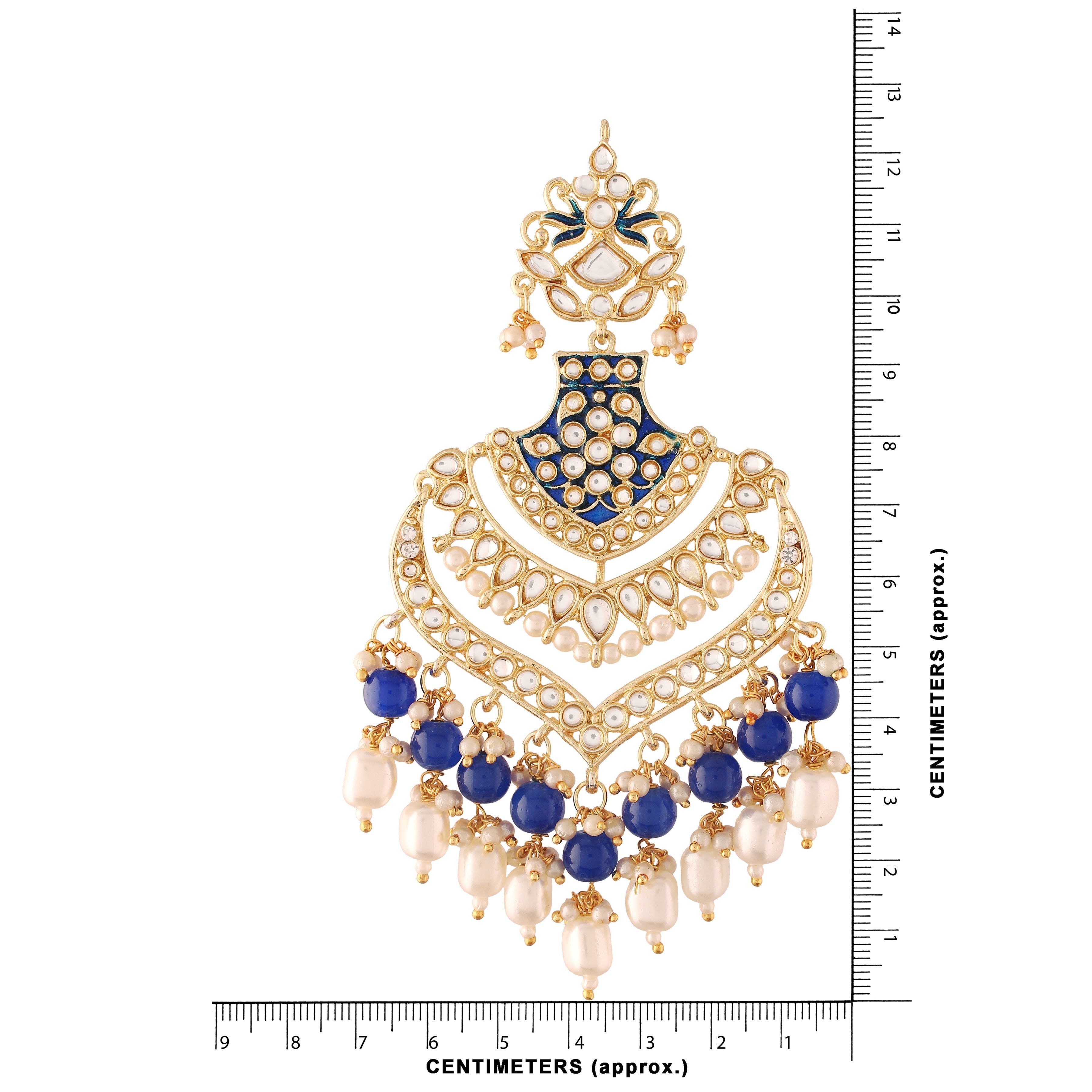 Women's  Gold Plated Blue Long Earrings Enamel Glided With Kundans & Pearls
