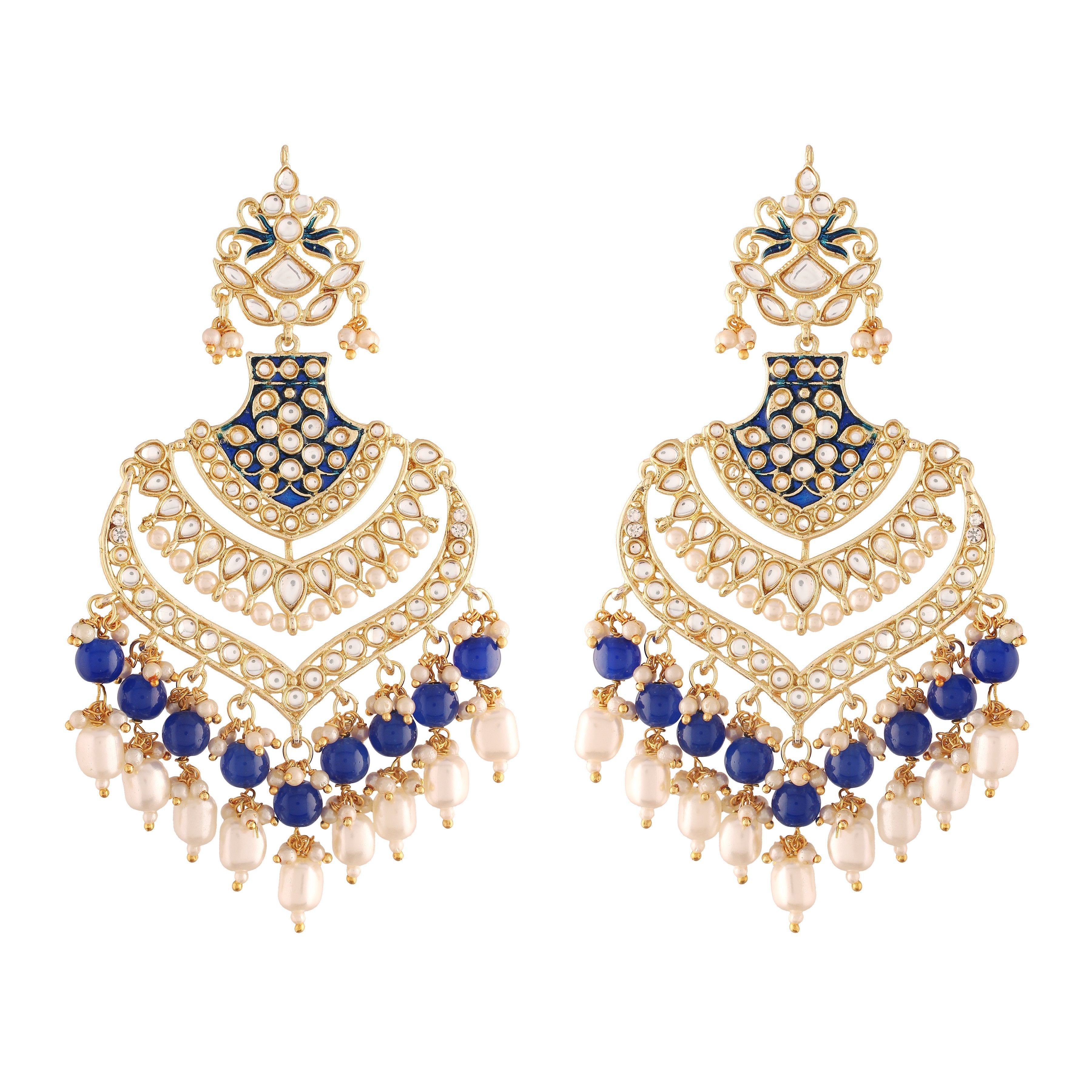 Women's  Gold Plated Blue Long Earrings Enamel Glided With Kundans & Pearls