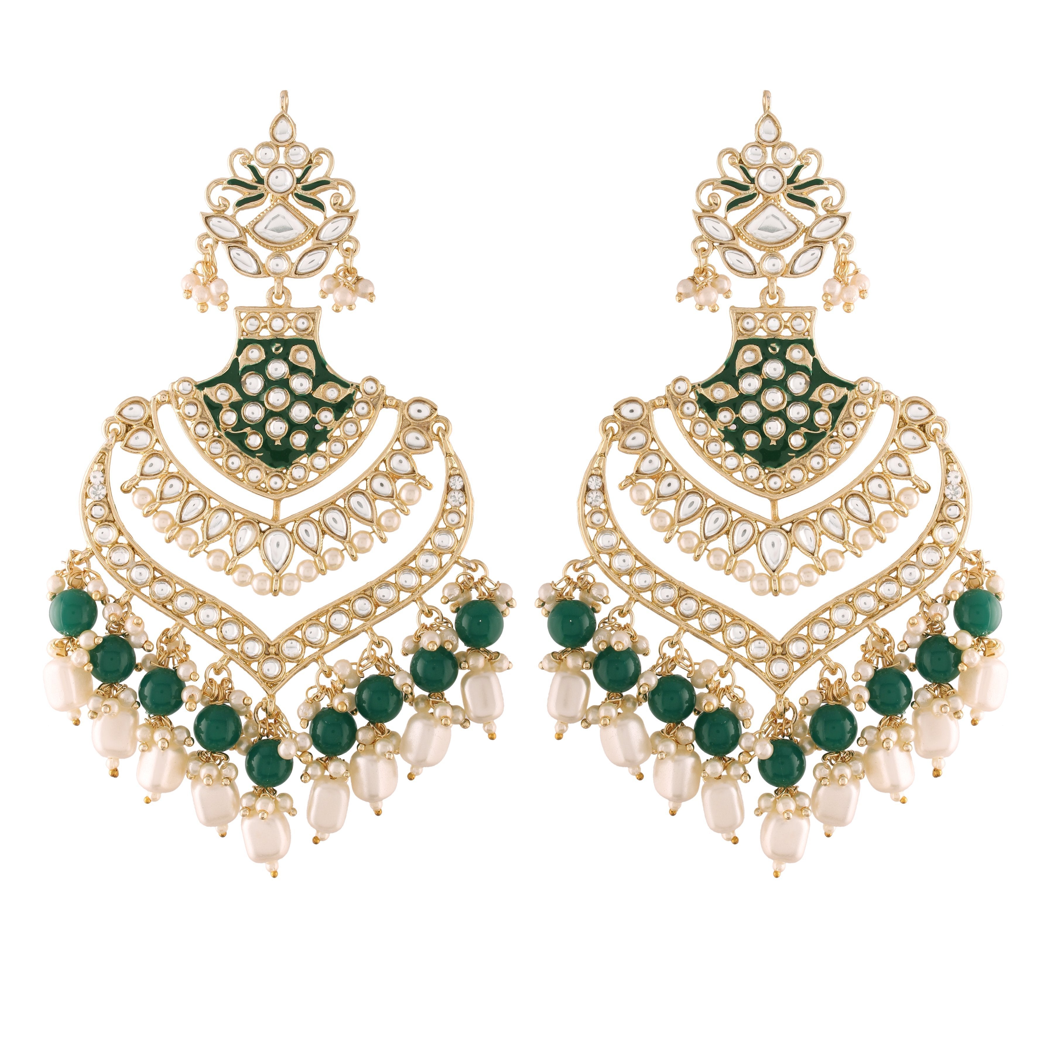 Women Golden and Green Kundan and Beads Earrings by I Jewels