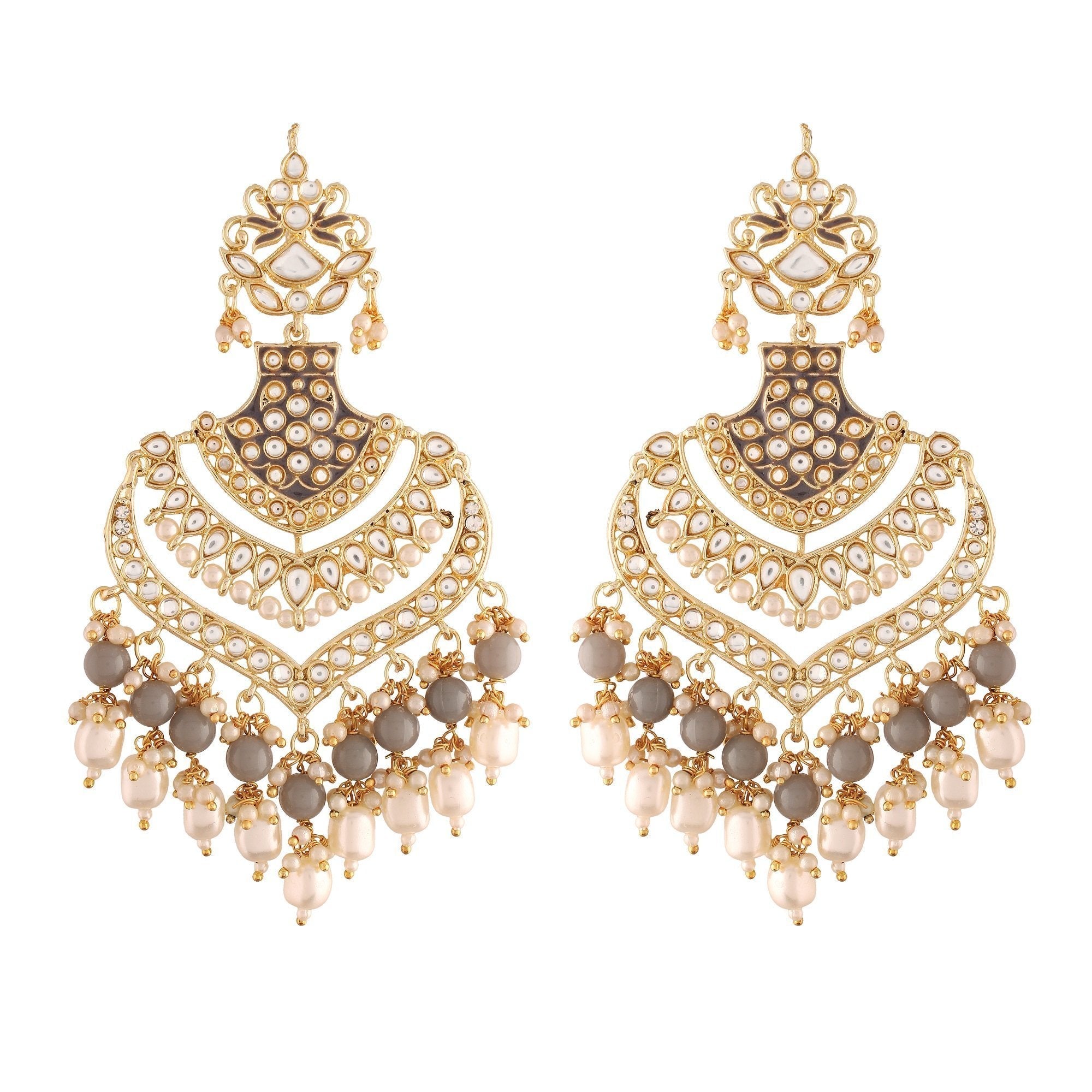 Women's  Gold Plated Grey  Long Earrings Enamel Glided With Kundans & Pearls