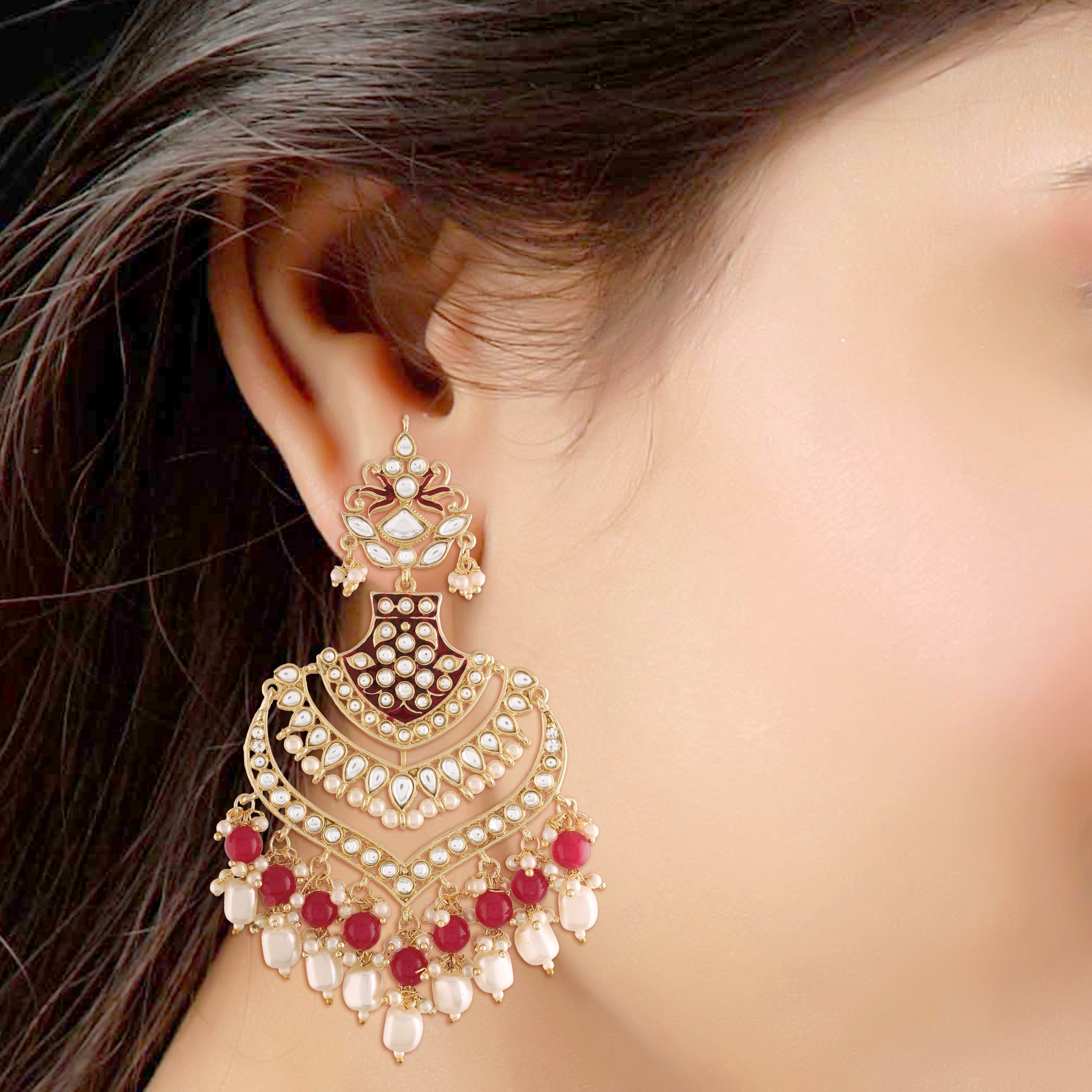 Women's  Maroon Gold Plated Enamel Glided With Kundans & Pearls Long Earrings