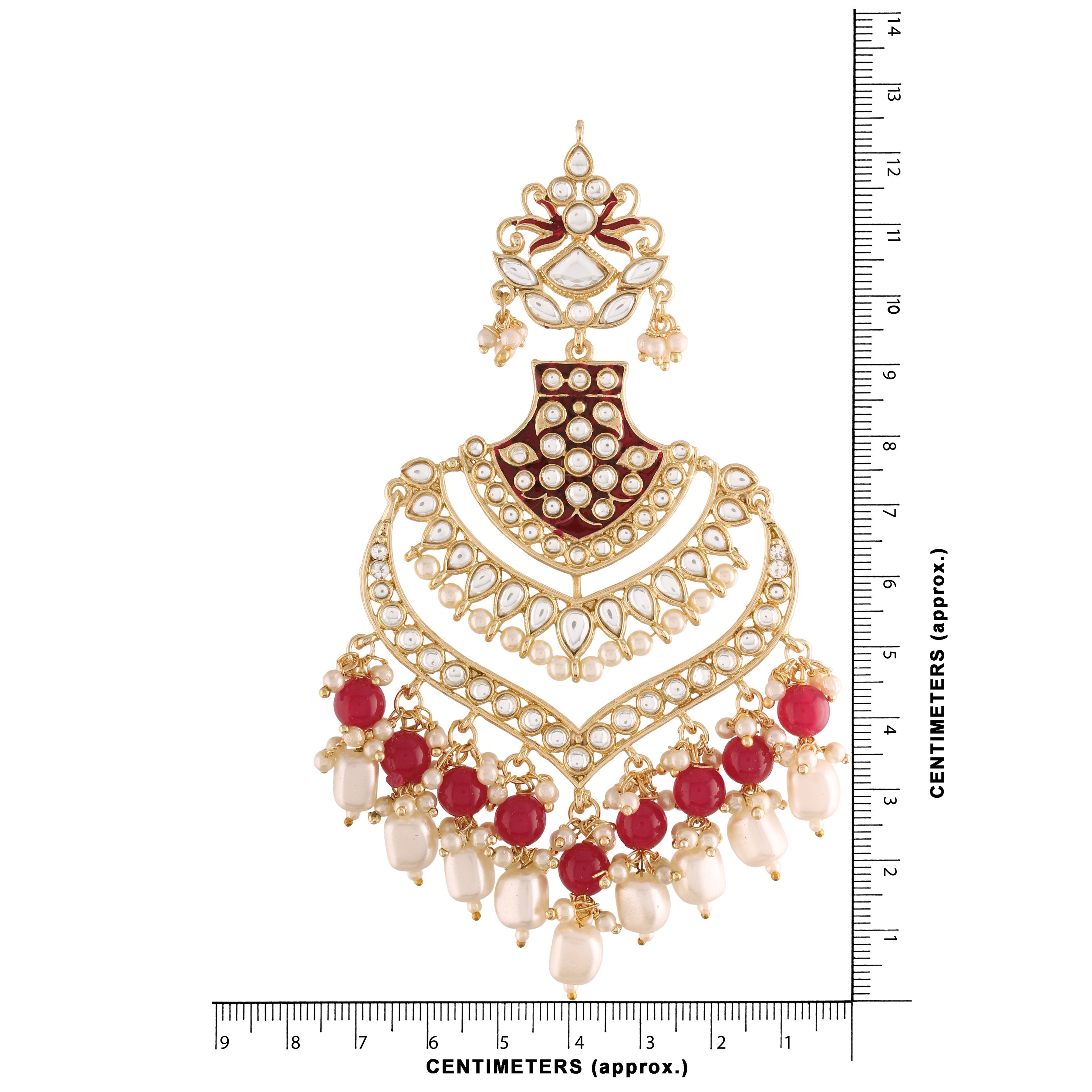 Women's  Maroon Gold Plated Enamel Glided With Kundans & Pearls Long Earrings