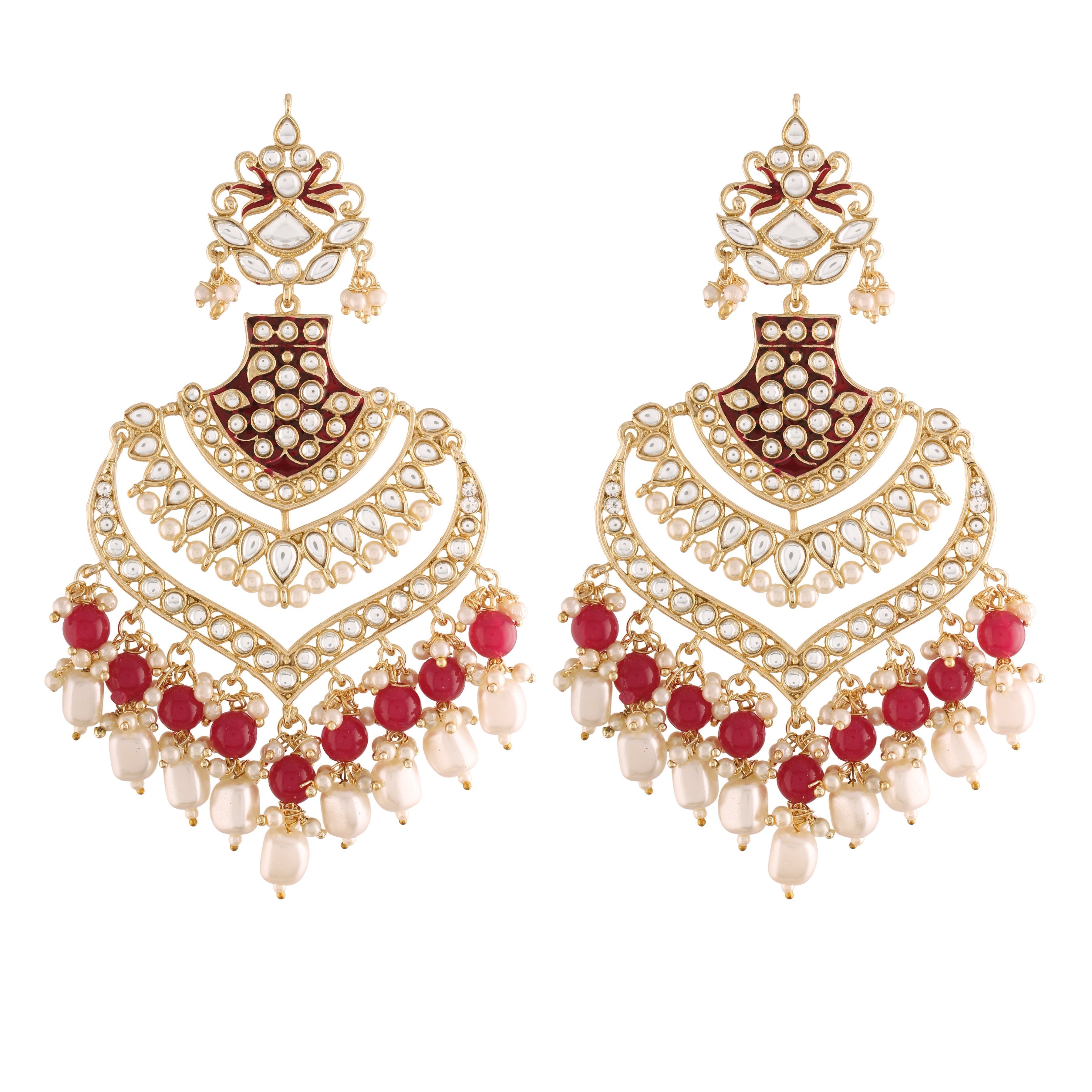 Women's  Maroon Gold Plated Enamel Glided With Kundans & Pearls Long Earrings
