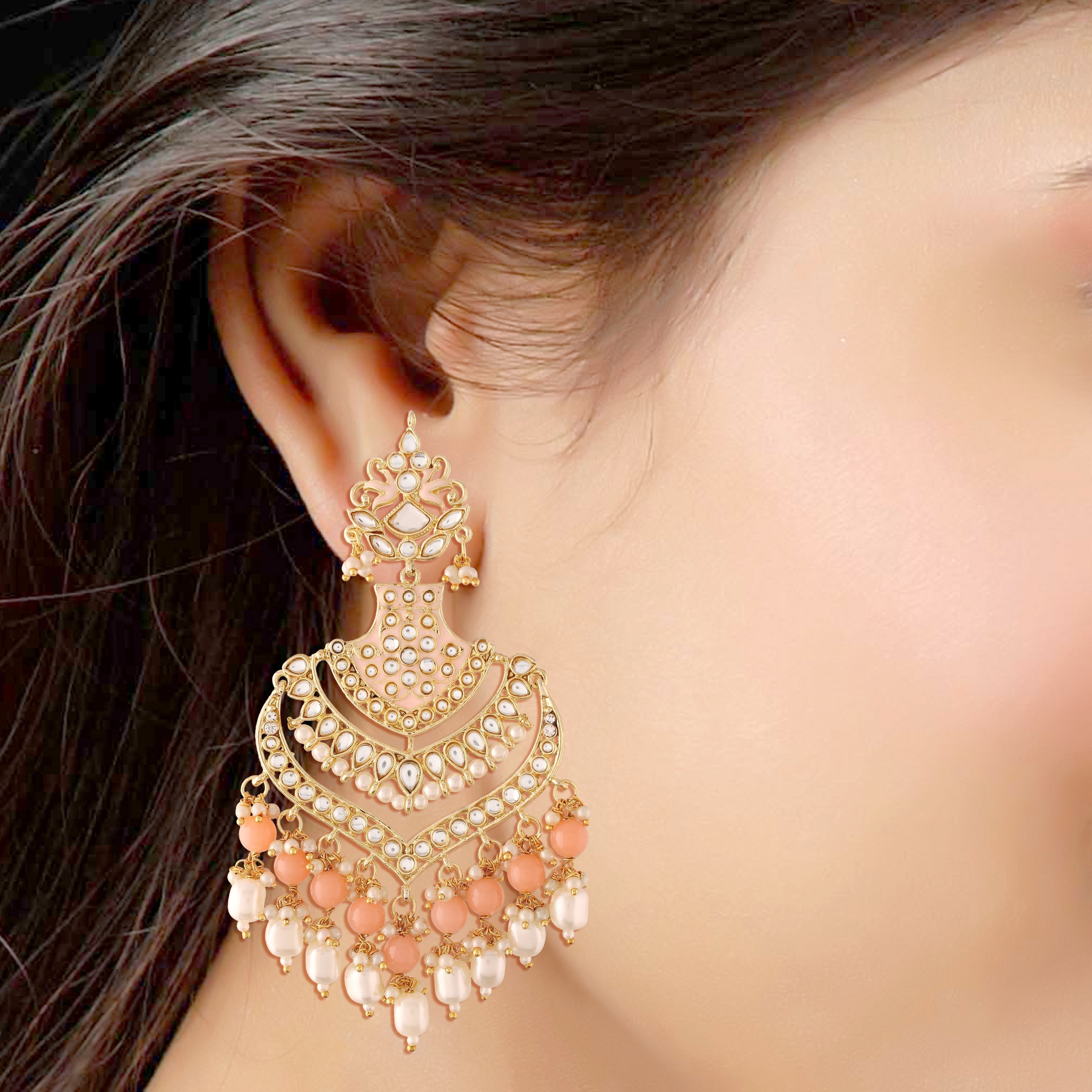 Women's  Gold Plated Peach Traditional Long Earrings Enamel Glided With Kundans & Pearls
