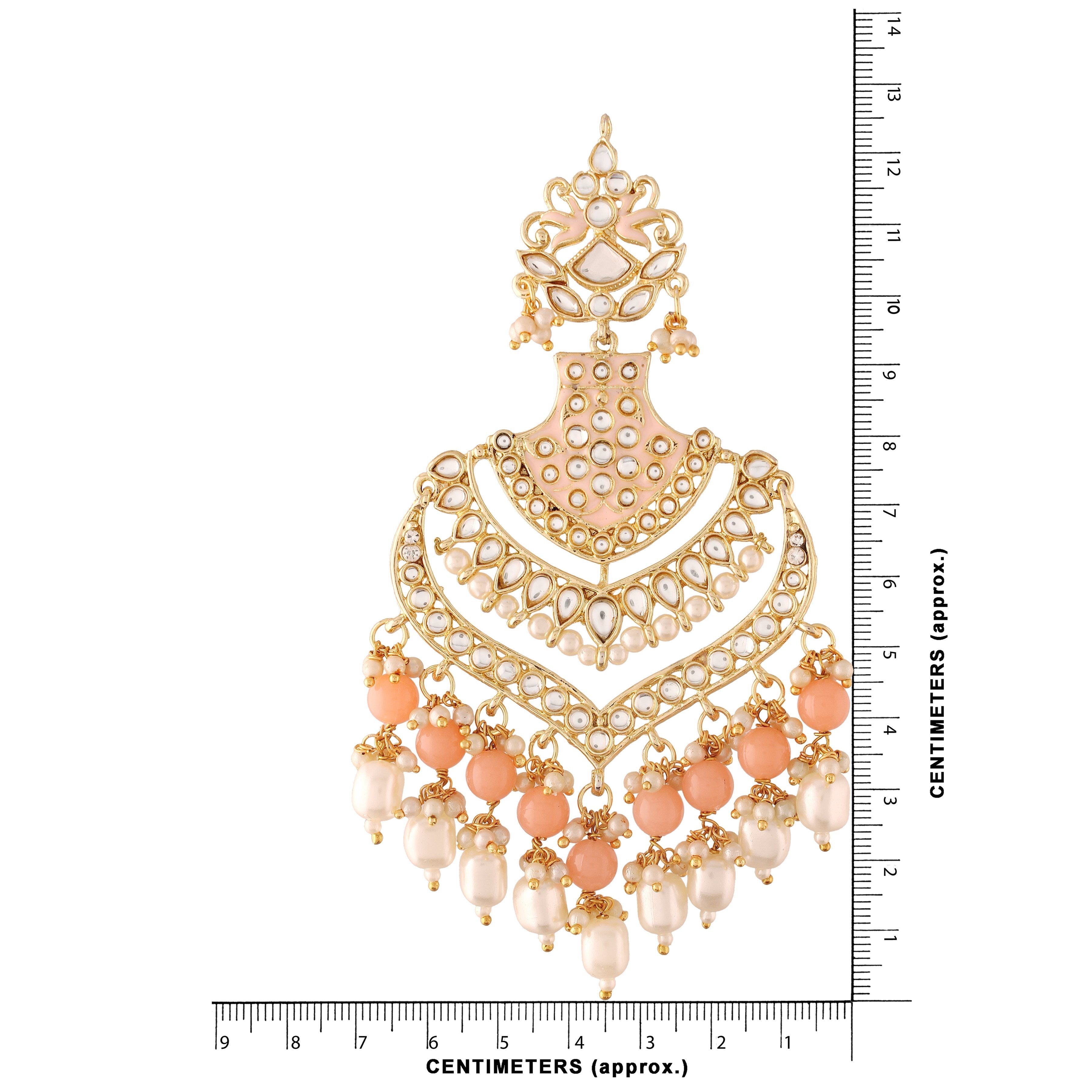 Women's  Gold Plated Peach Traditional Long Earrings Enamel Glided With Kundans & Pearls