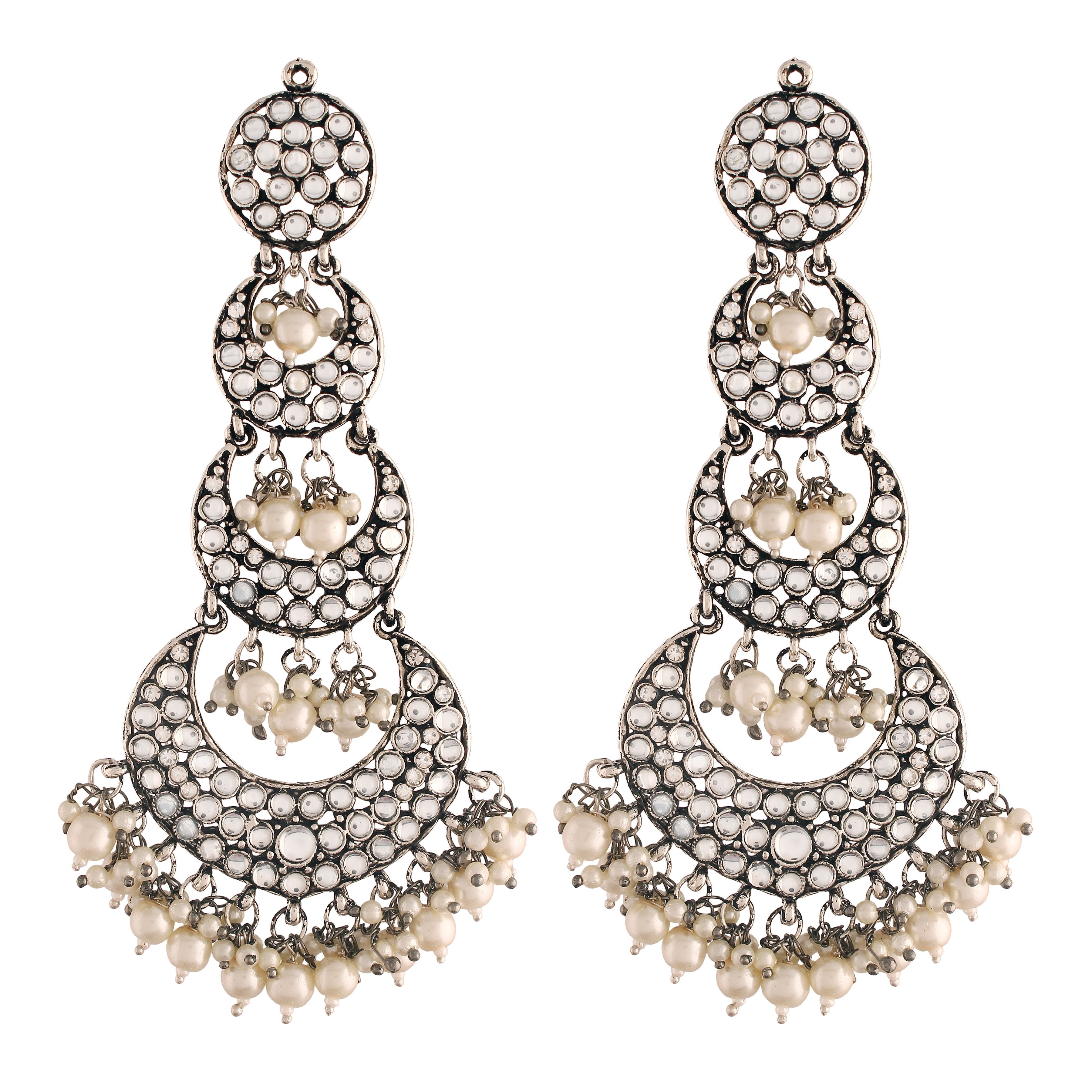 Women's  Silver Oxidised Earrings With Hair Chain Encased With Kundans & Pearls