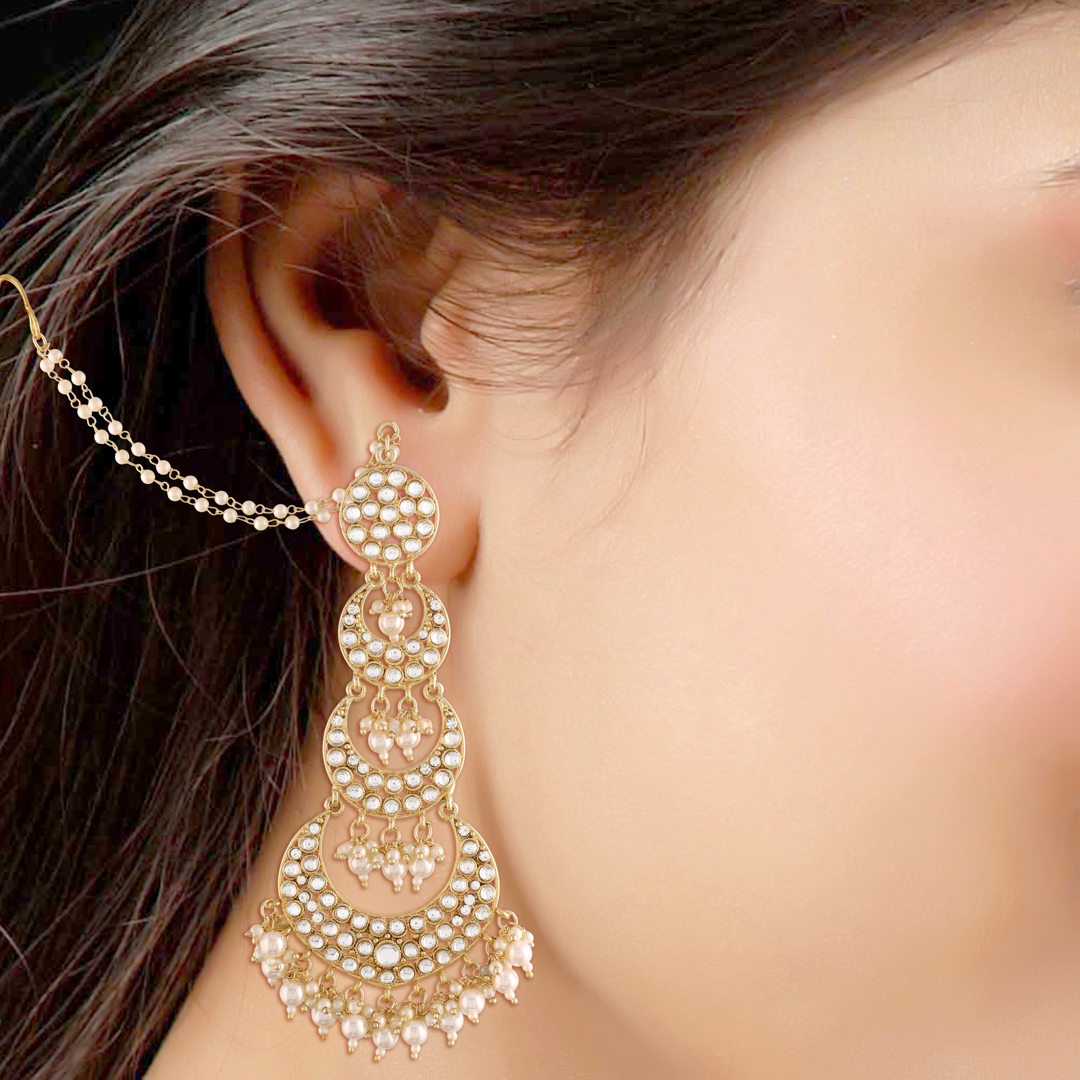 Women's  Gold Plated White Kundan Stones & Pearl Earrings