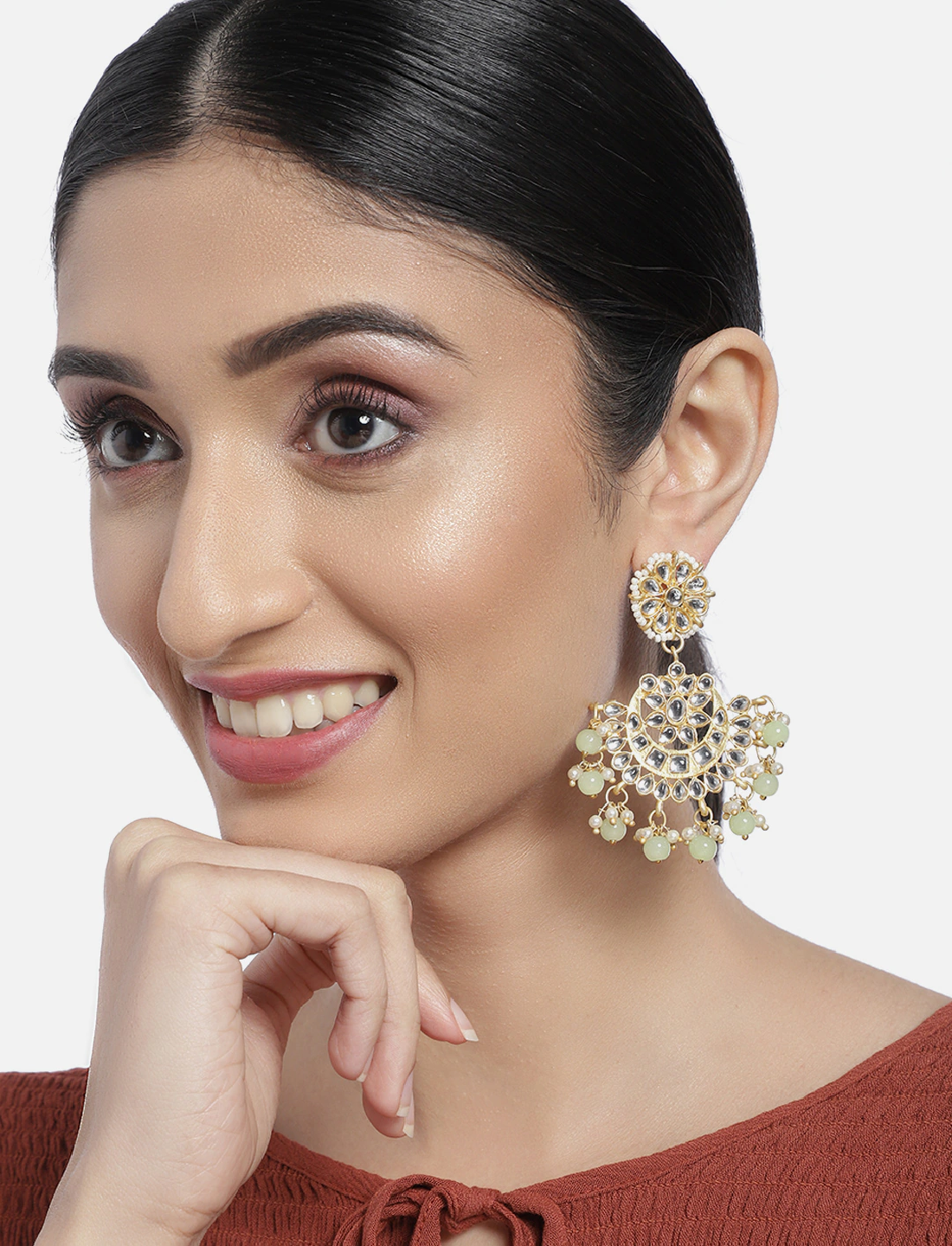 Women's  Gold Plated Matt Finish Mint Chandbali Earrings Handcrafted Kundan & Pearl