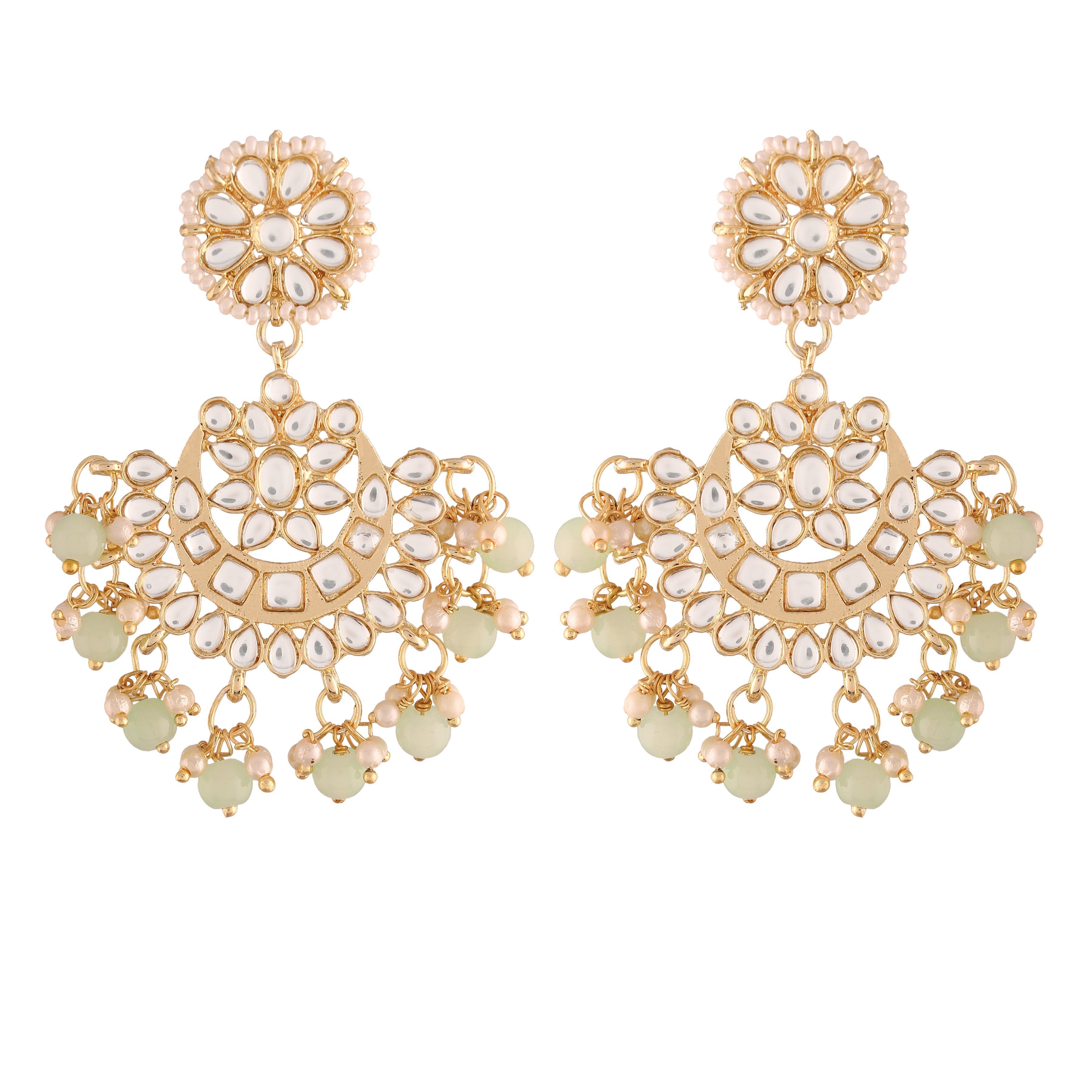Women's  Gold Plated Matt Finish Mint Chandbali Earrings Handcrafted Kundan & Pearl