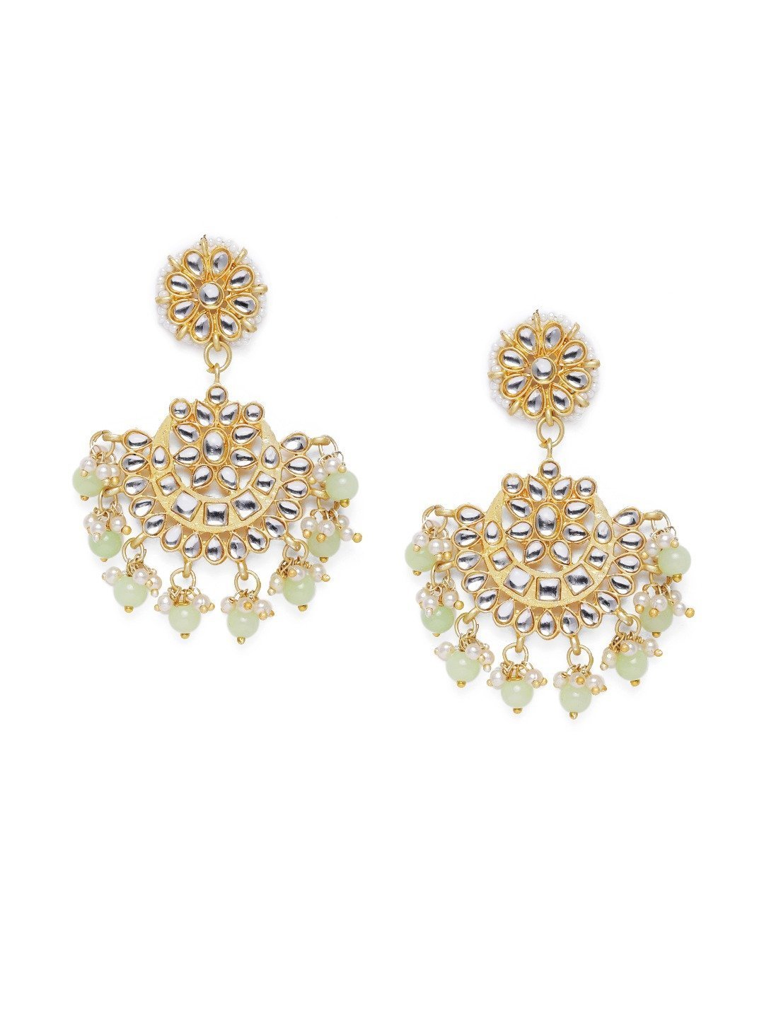 Women's  Gold Plated Matt Finish Mint Chandbali Earrings Handcrafted Kundan & Pearl