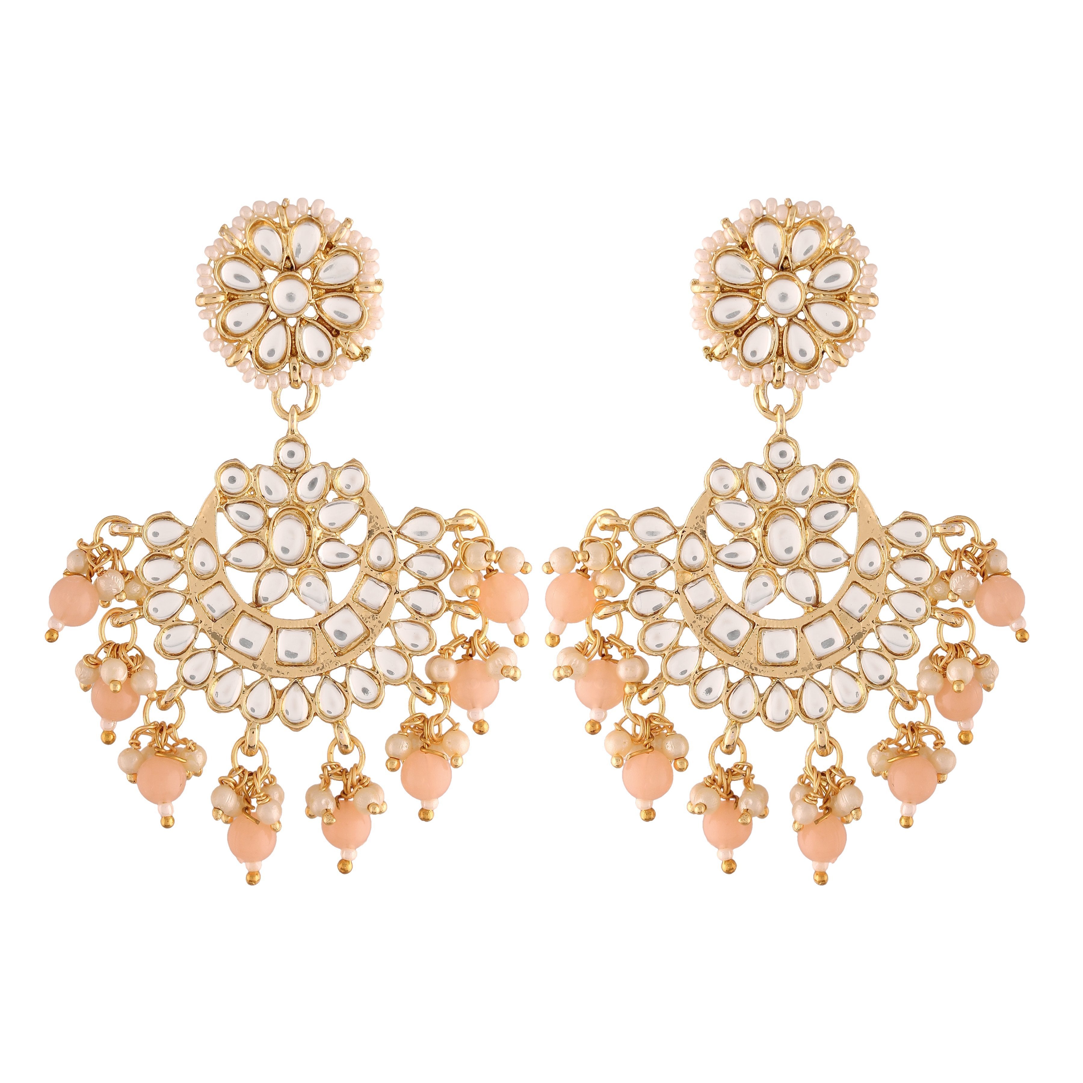 Women's  Gold Plated Matt Finish Peach Chandbali Earrings Handcrafted Kundan & Pearl