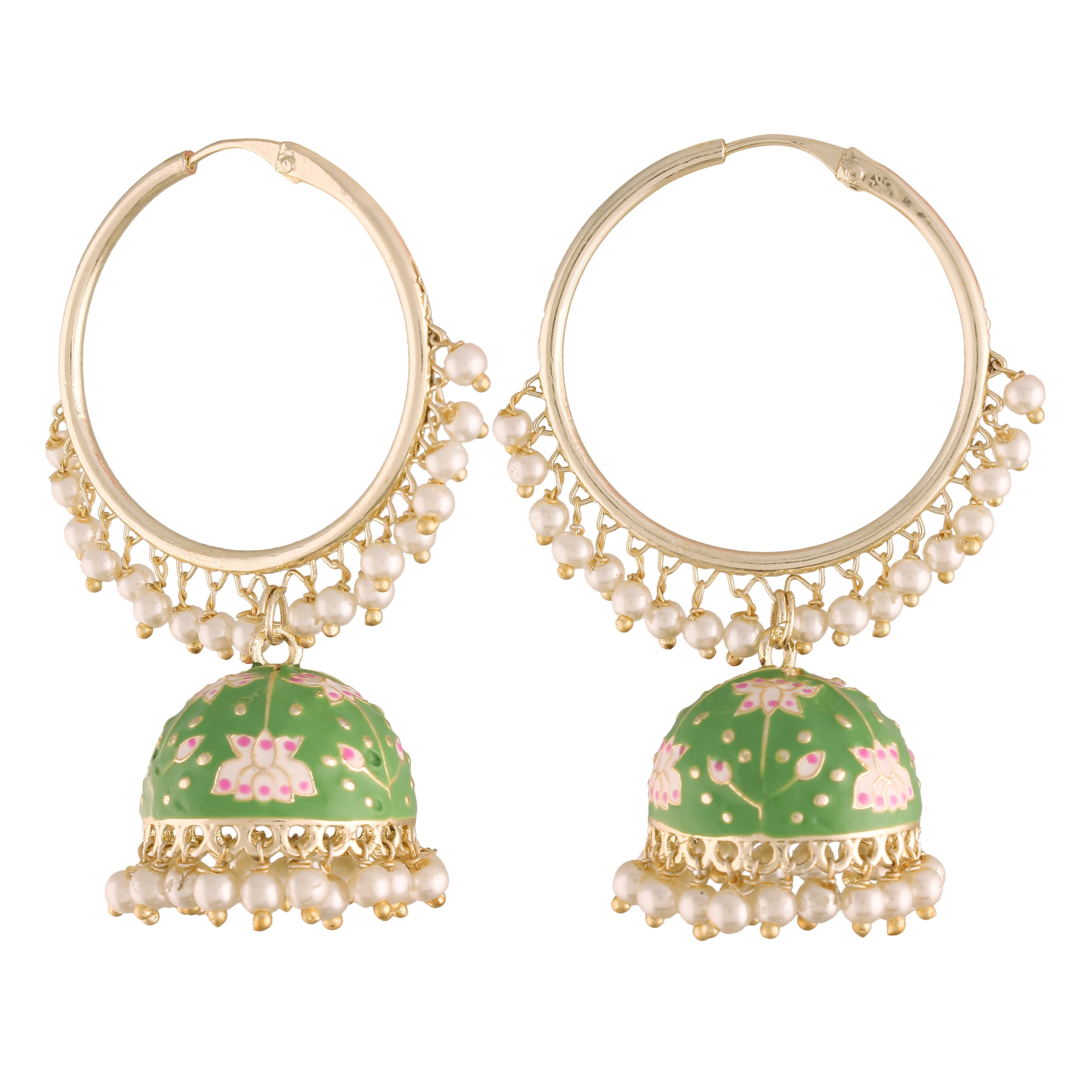 Women's  Gold Plated Traditional Handcrafted Enamelled Mint Jhumki Hoop Earrings
