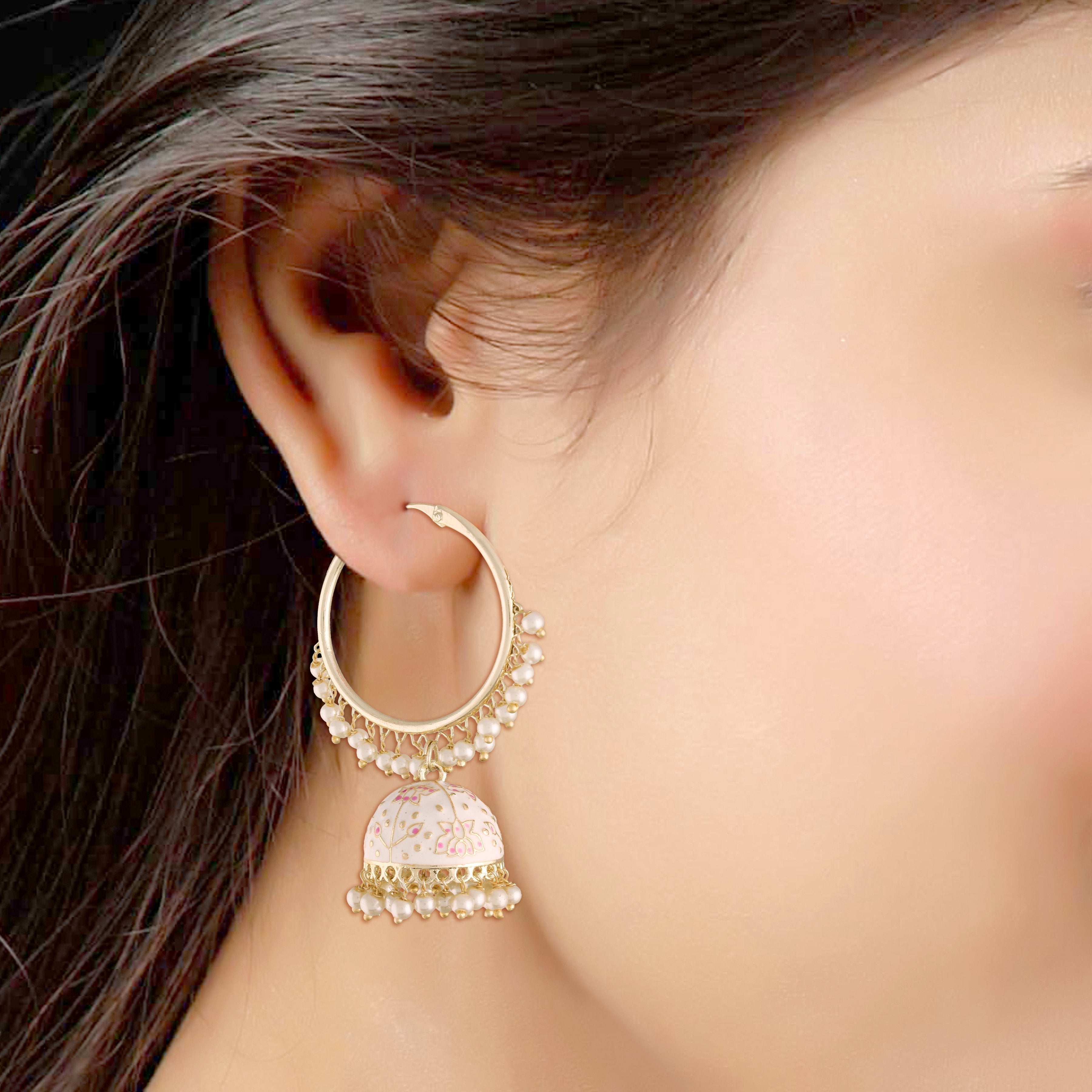 Women's  Gold Plated Traditional Handcrafted Enamelled White Jhumki Hoop Earrings