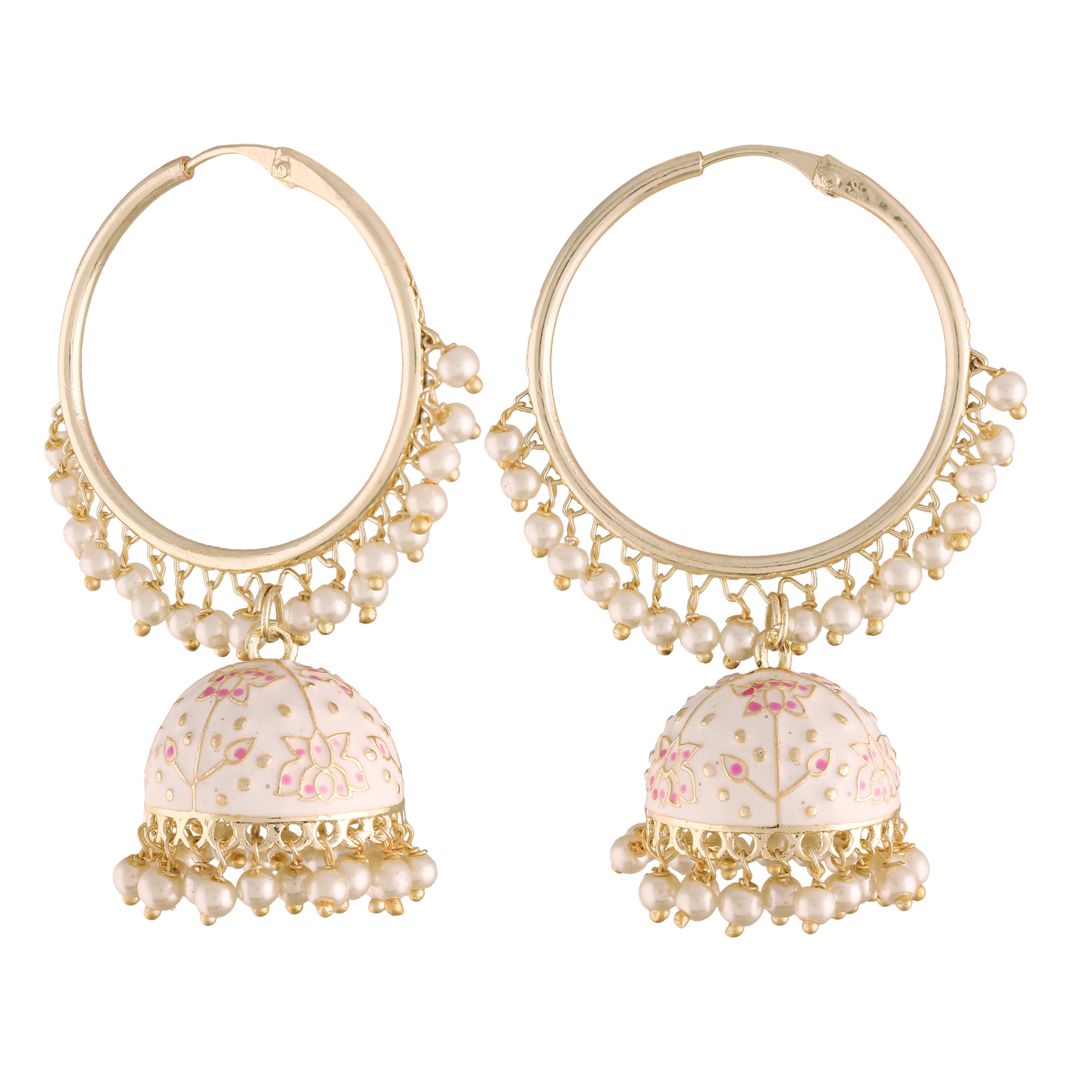 Women's  Gold Plated Traditional Handcrafted Enamelled White Jhumki Hoop Earrings