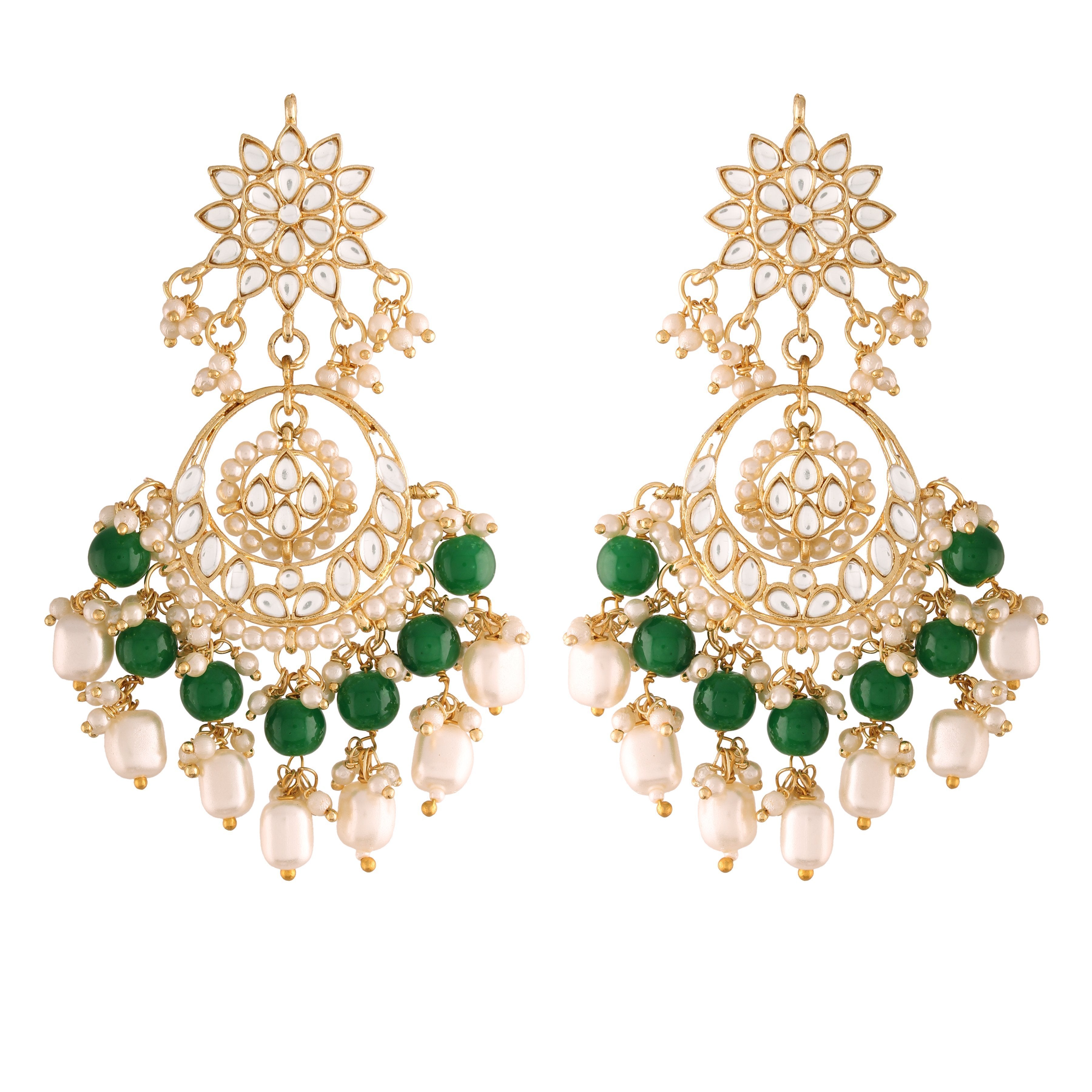 Women's  Gold Plated Green Handcrafted Pearl Kundan Beaded Chandbali Earrings