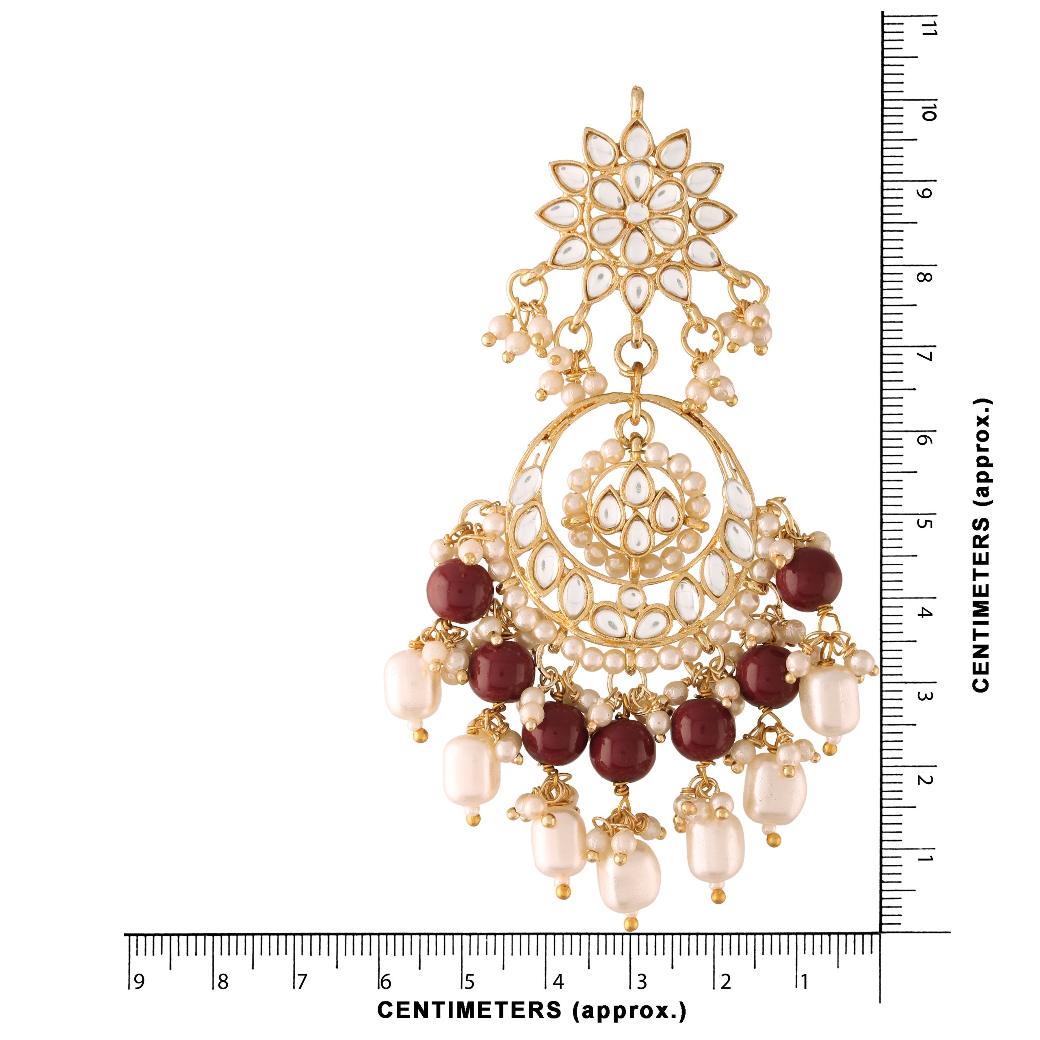 Women's  Gold Plated Maroon  Handcrafted Pearl Kundan Beaded Chandbali Earrings