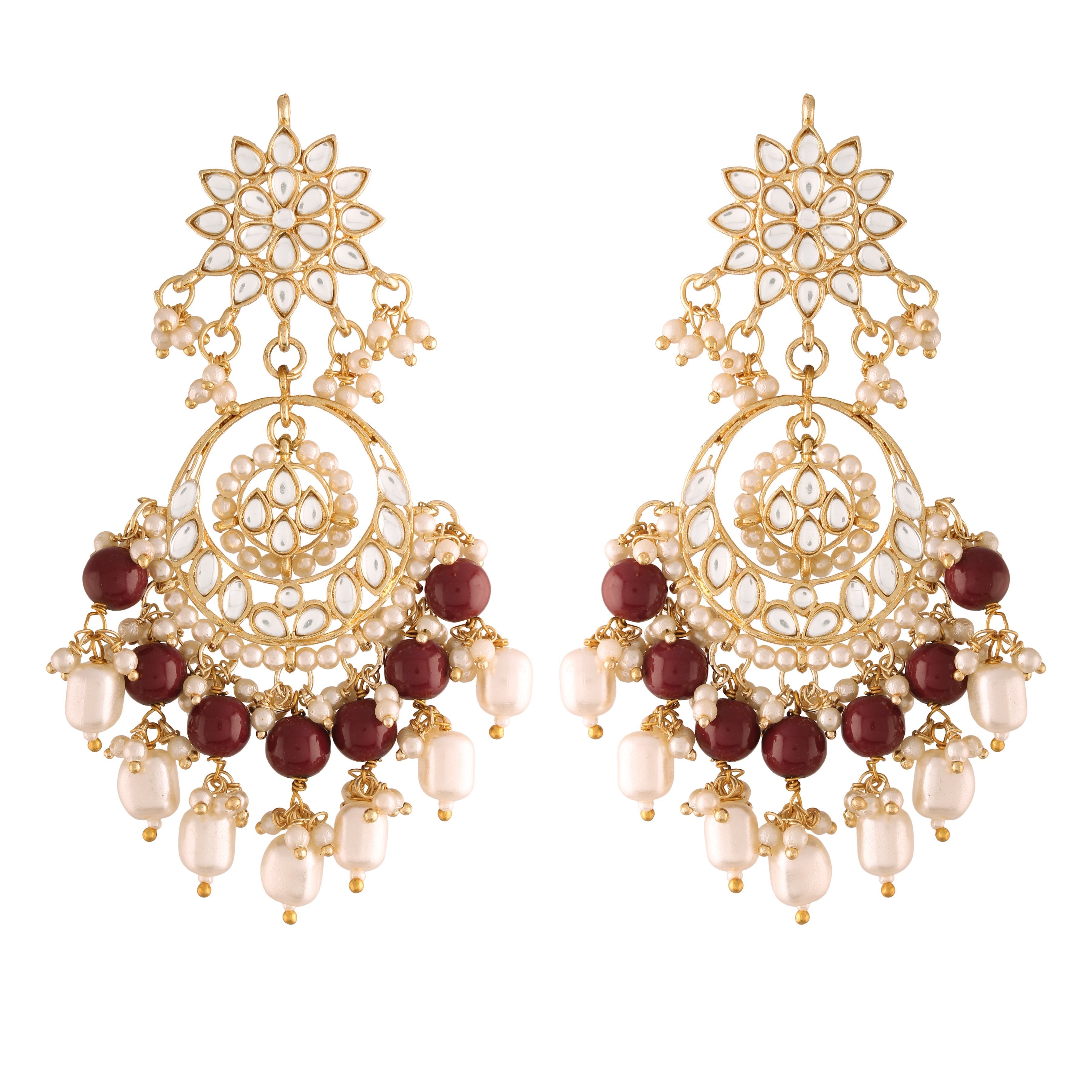 Women's  Gold Plated Maroon  Handcrafted Pearl Kundan Beaded Chandbali Earrings