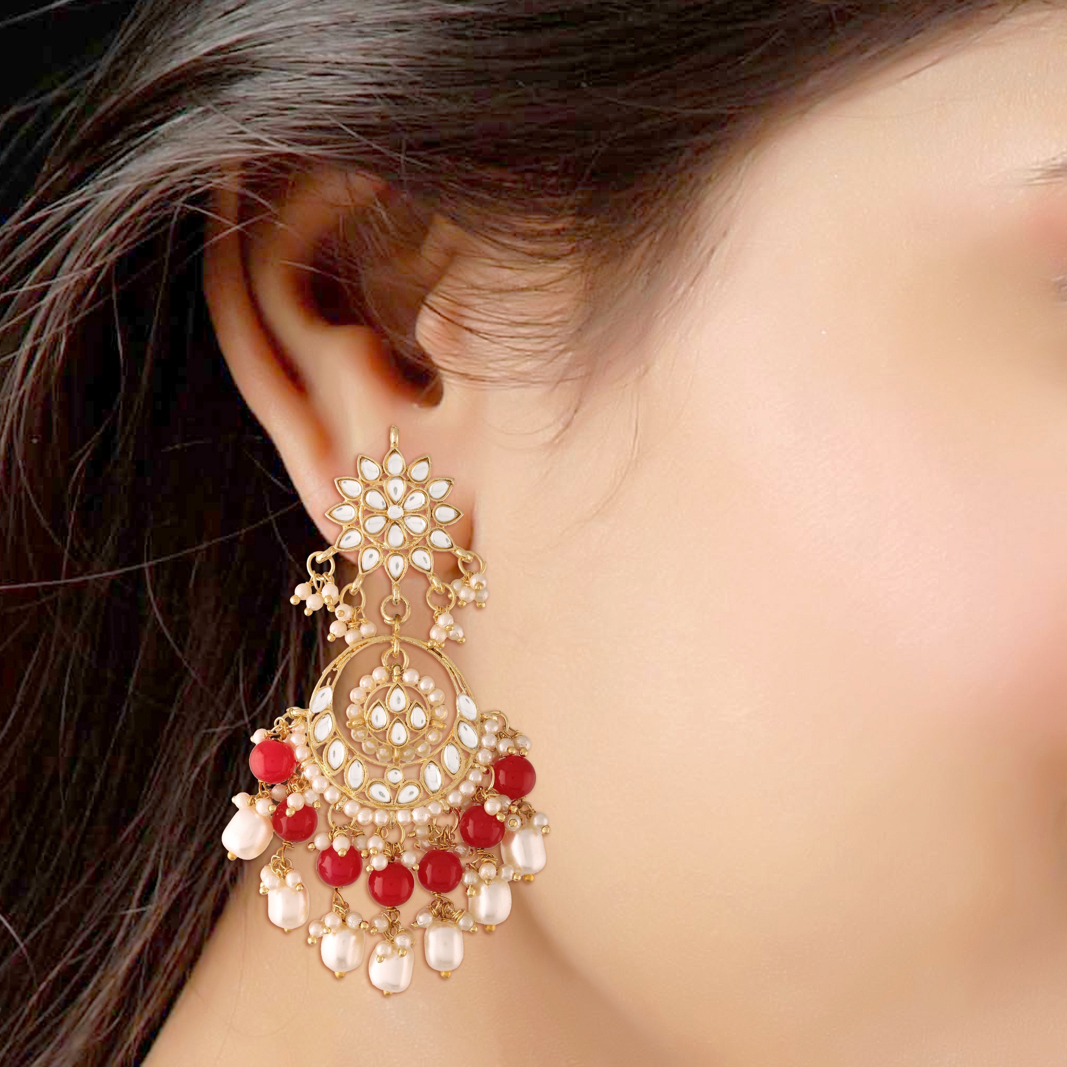 Women's  Gold Plated Red Handcrafted Pearl Kundan Beaded Chandbali Earrings