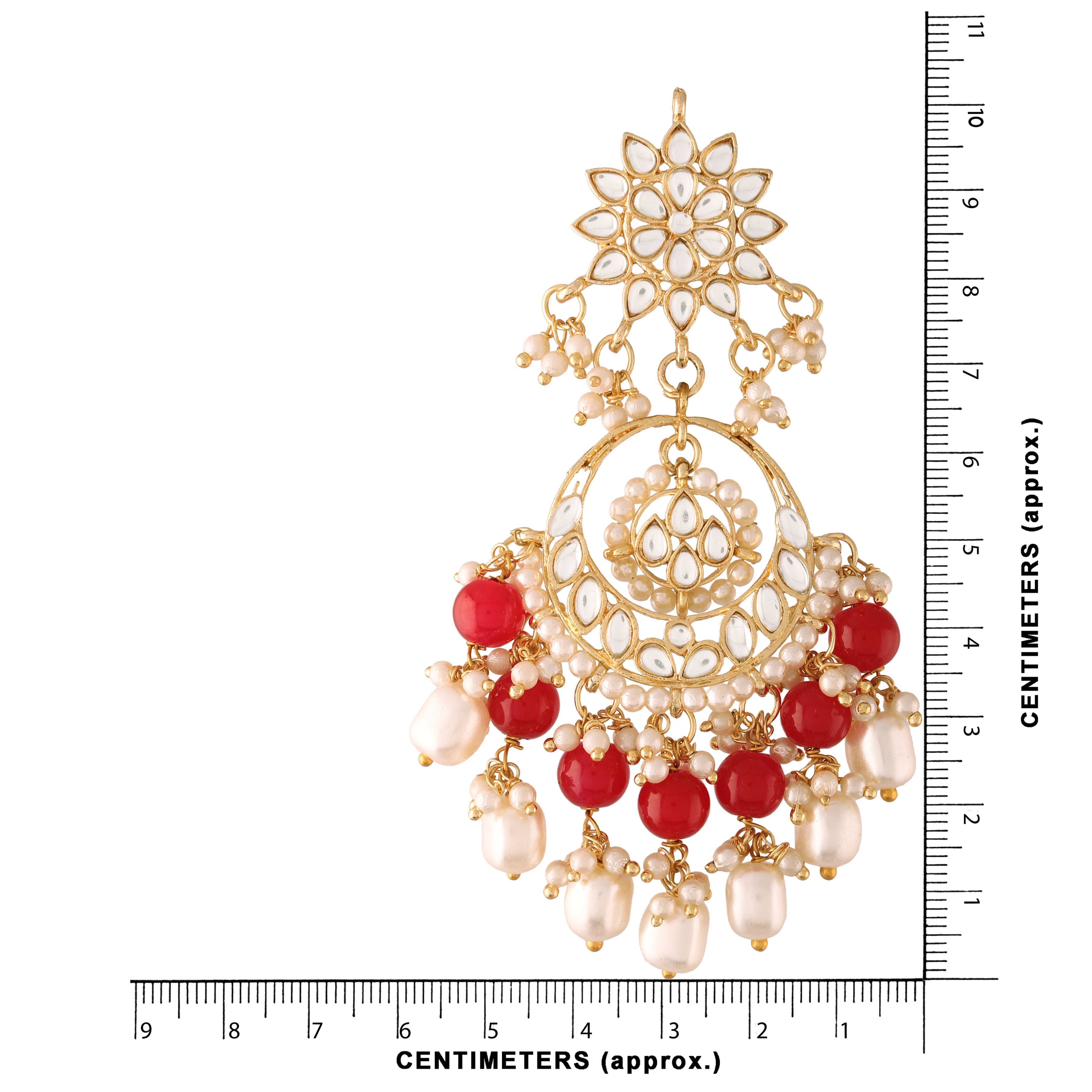 Women's  Gold Plated Red Handcrafted Pearl Kundan Beaded Chandbali Earrings