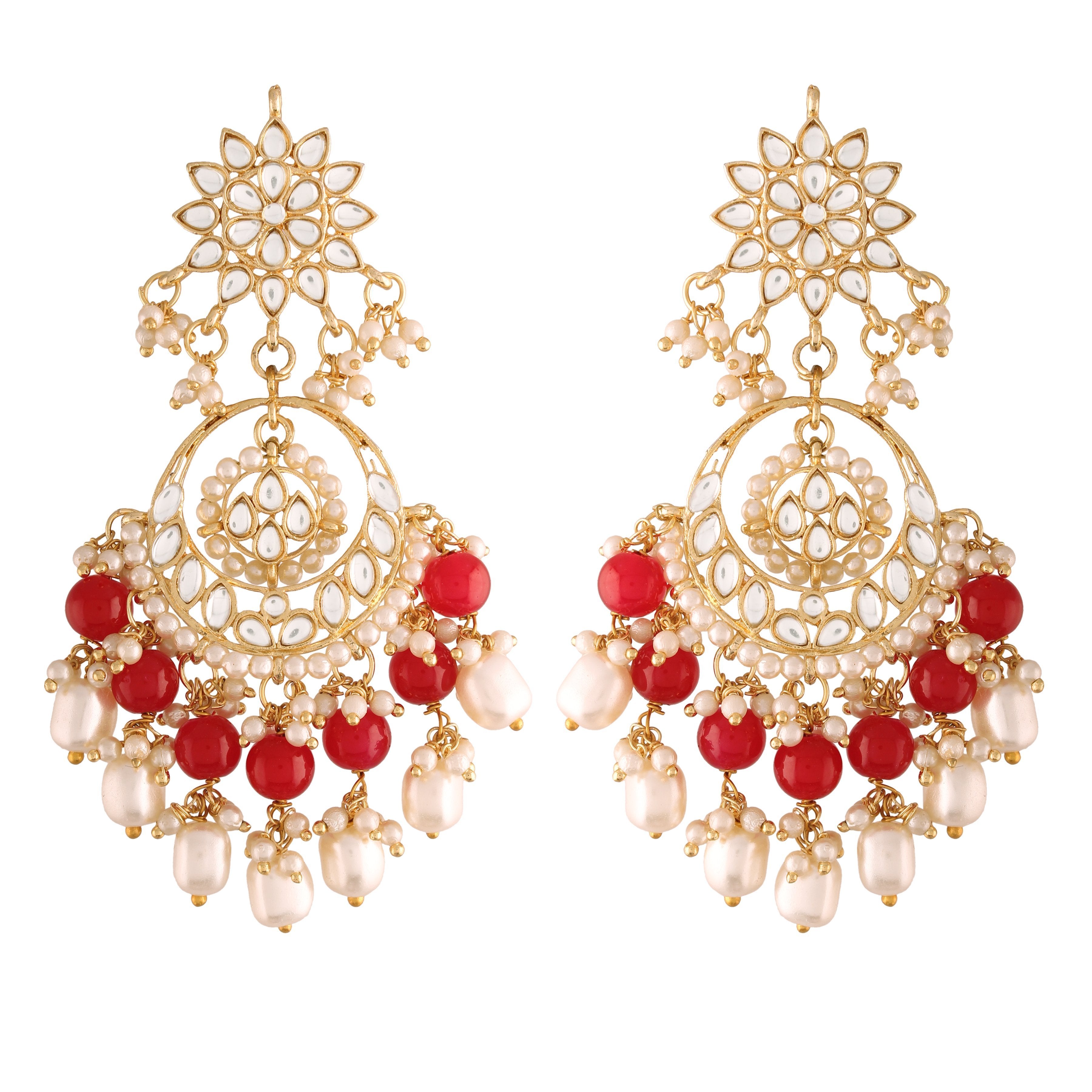 Women's  Gold Plated Red Handcrafted Pearl Kundan Beaded Chandbali Earrings