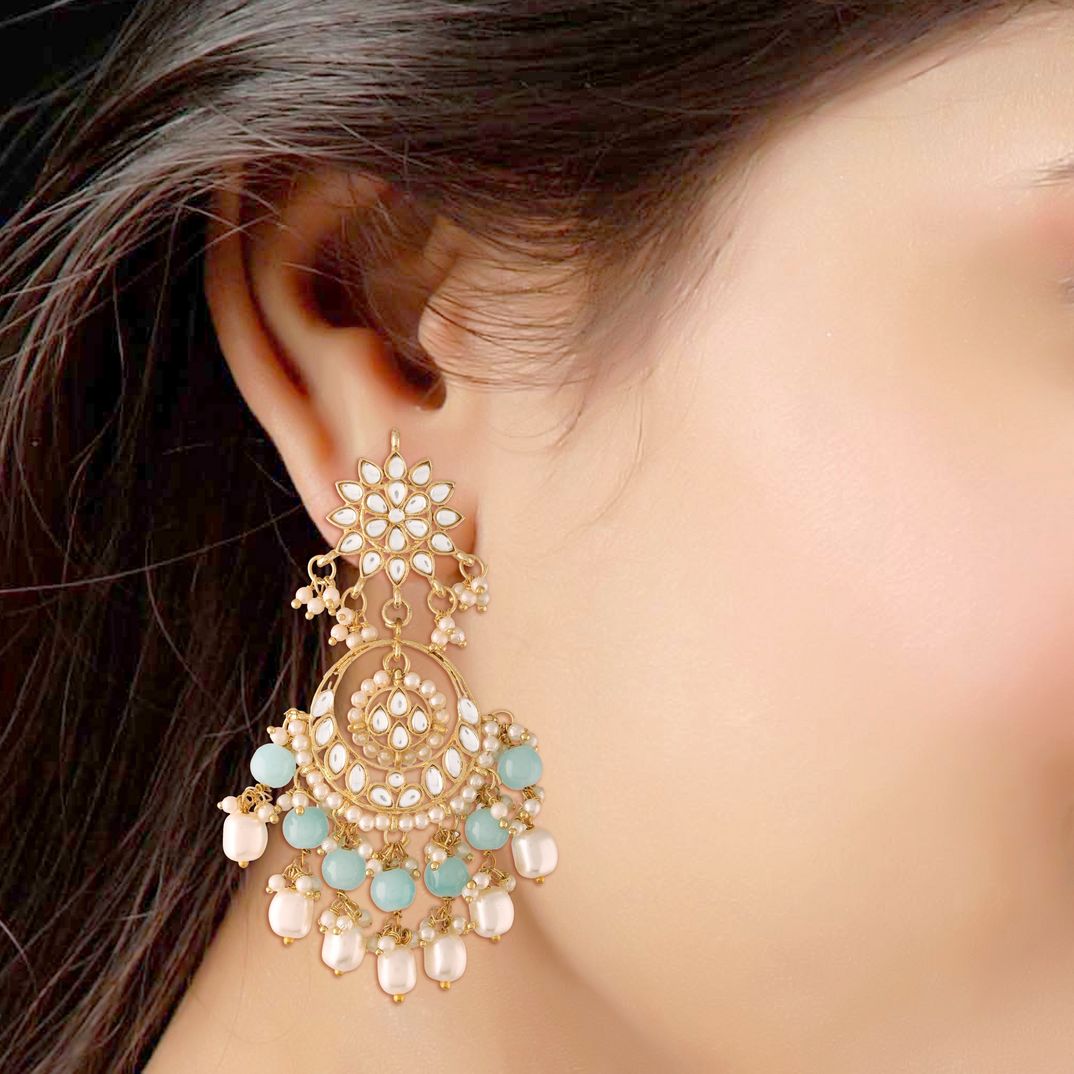 Women's  Gold Plated Turquoise Handcrafted Pearl Kundan Beaded Chandbali Earrings