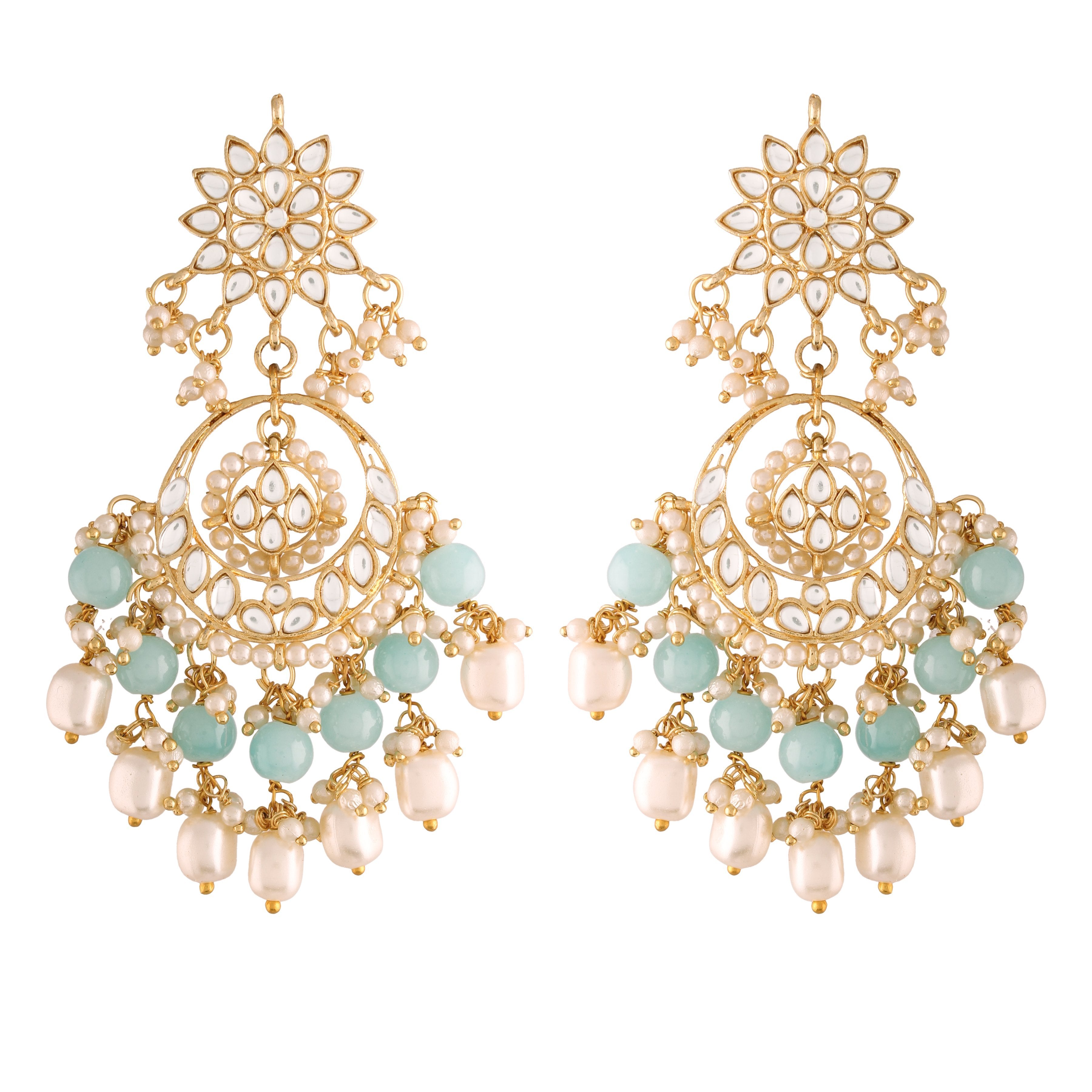 Women's  Gold Plated Turquoise Handcrafted Pearl Kundan Beaded Chandbali Earrings