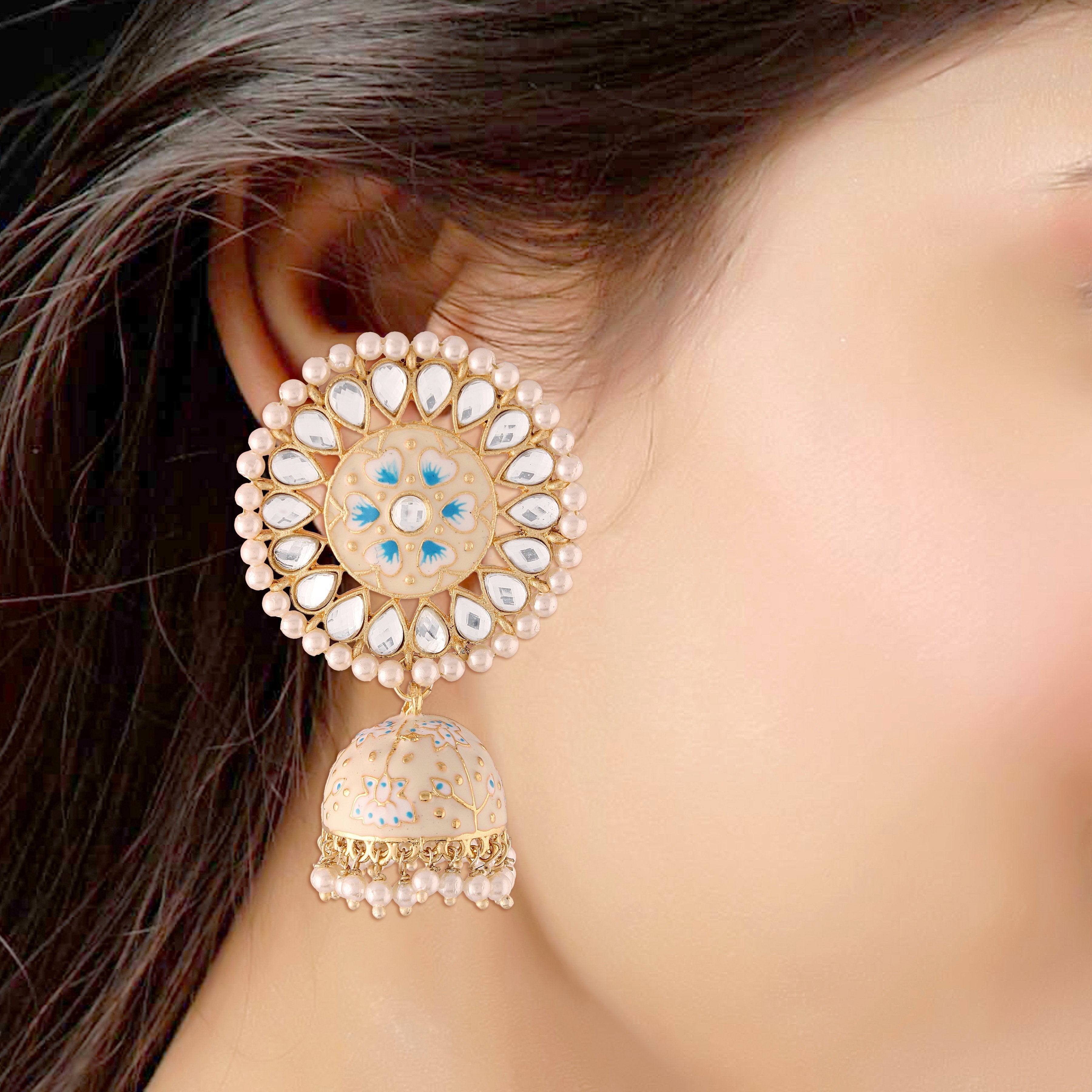 Women's  Gold Plated Blue Handcrafted Kundan Pearl Studded Meenakari Jhumki Earring