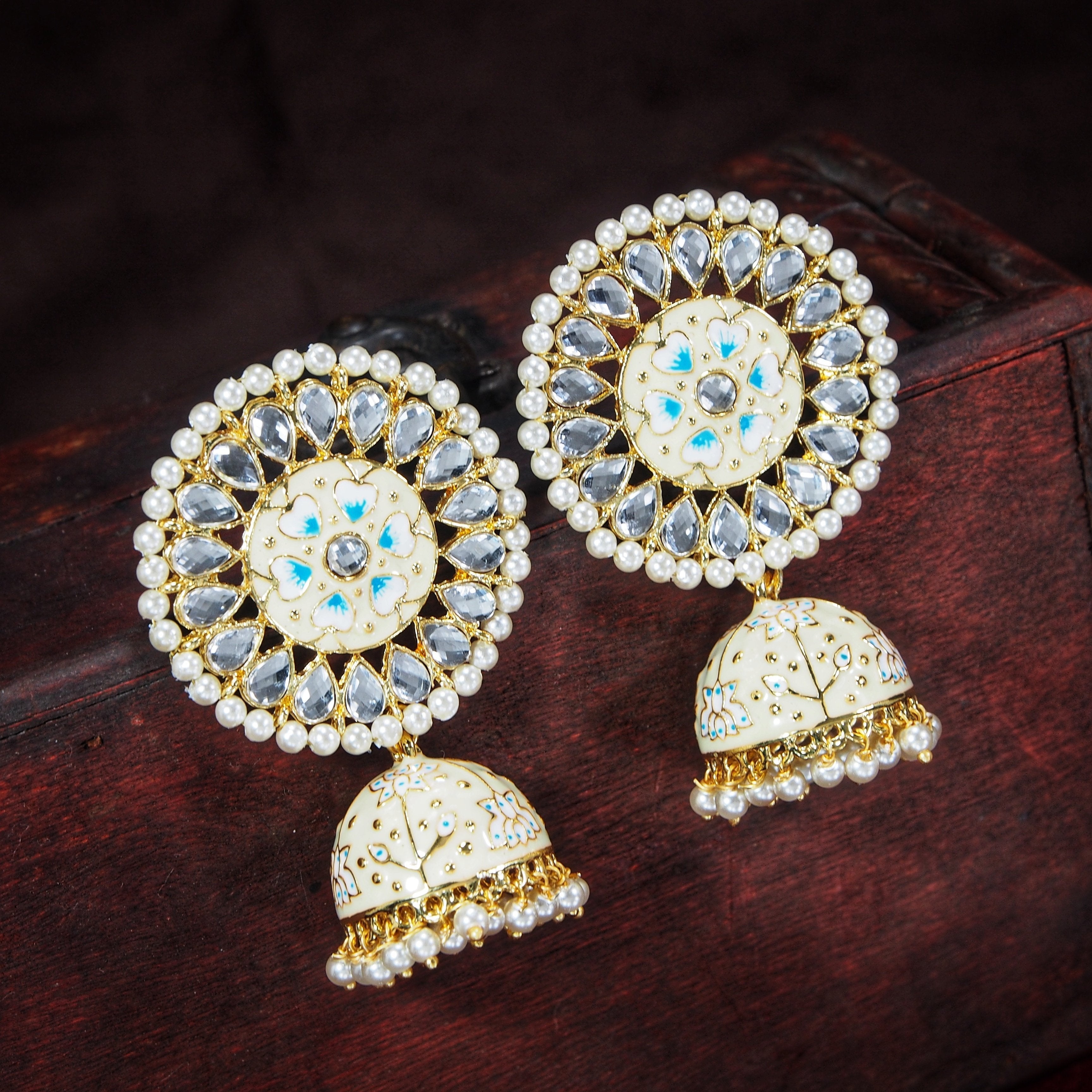 Women's  Gold Plated Blue Handcrafted Kundan Pearl Studded Meenakari Jhumki Earring