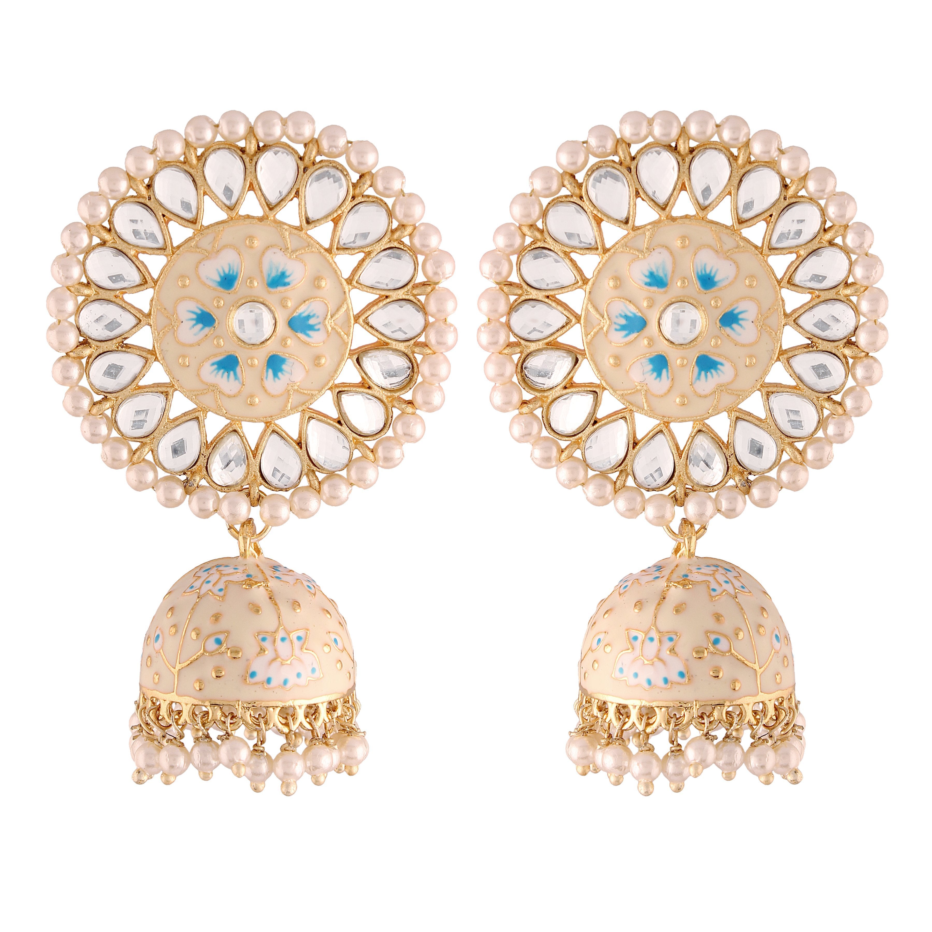 Women's  Gold Plated Blue Handcrafted Kundan Pearl Studded Meenakari Jhumki Earring