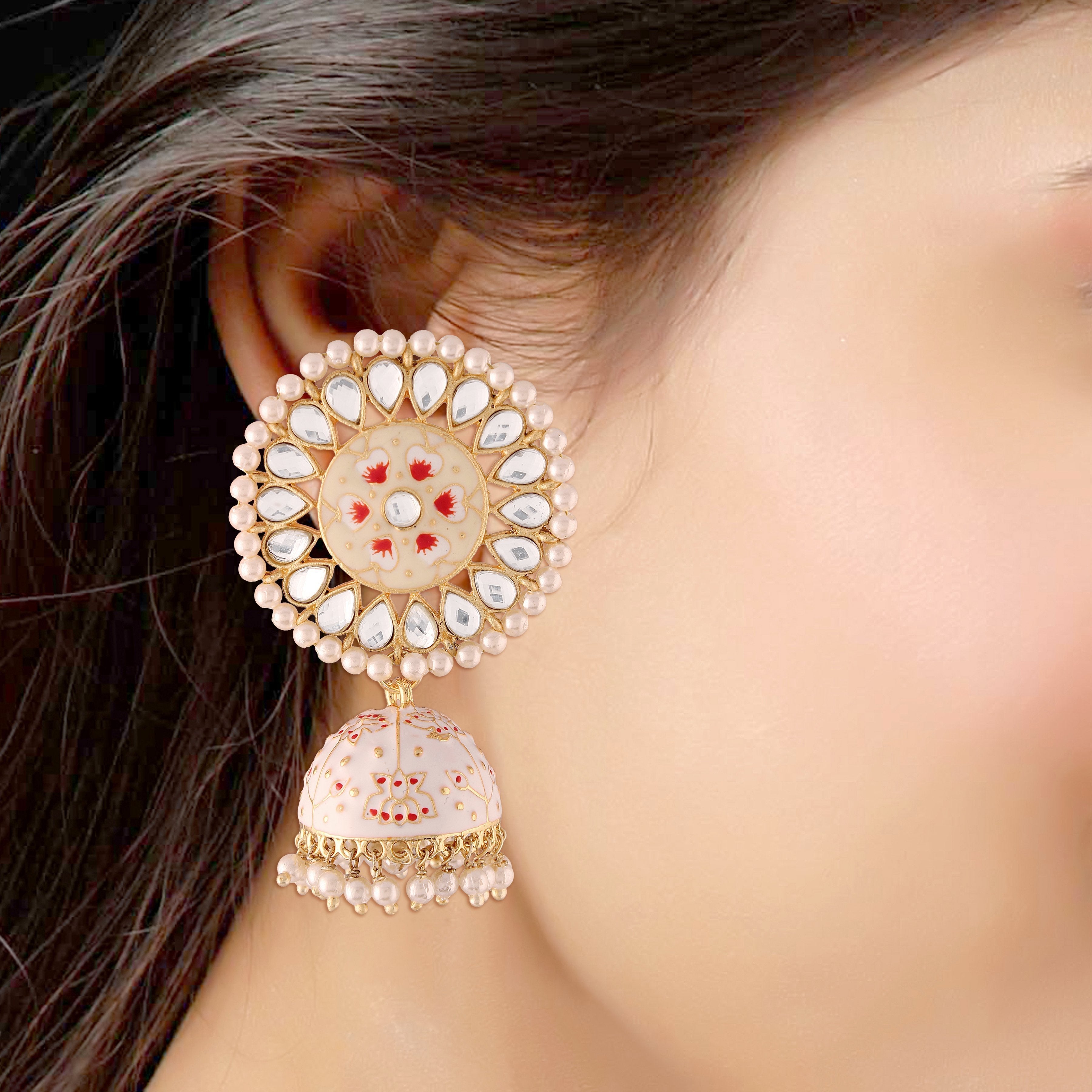 Women's  Gold Plated Cream Handcrafted Kundan Pearl Studded Meenakari Jhumki Earring