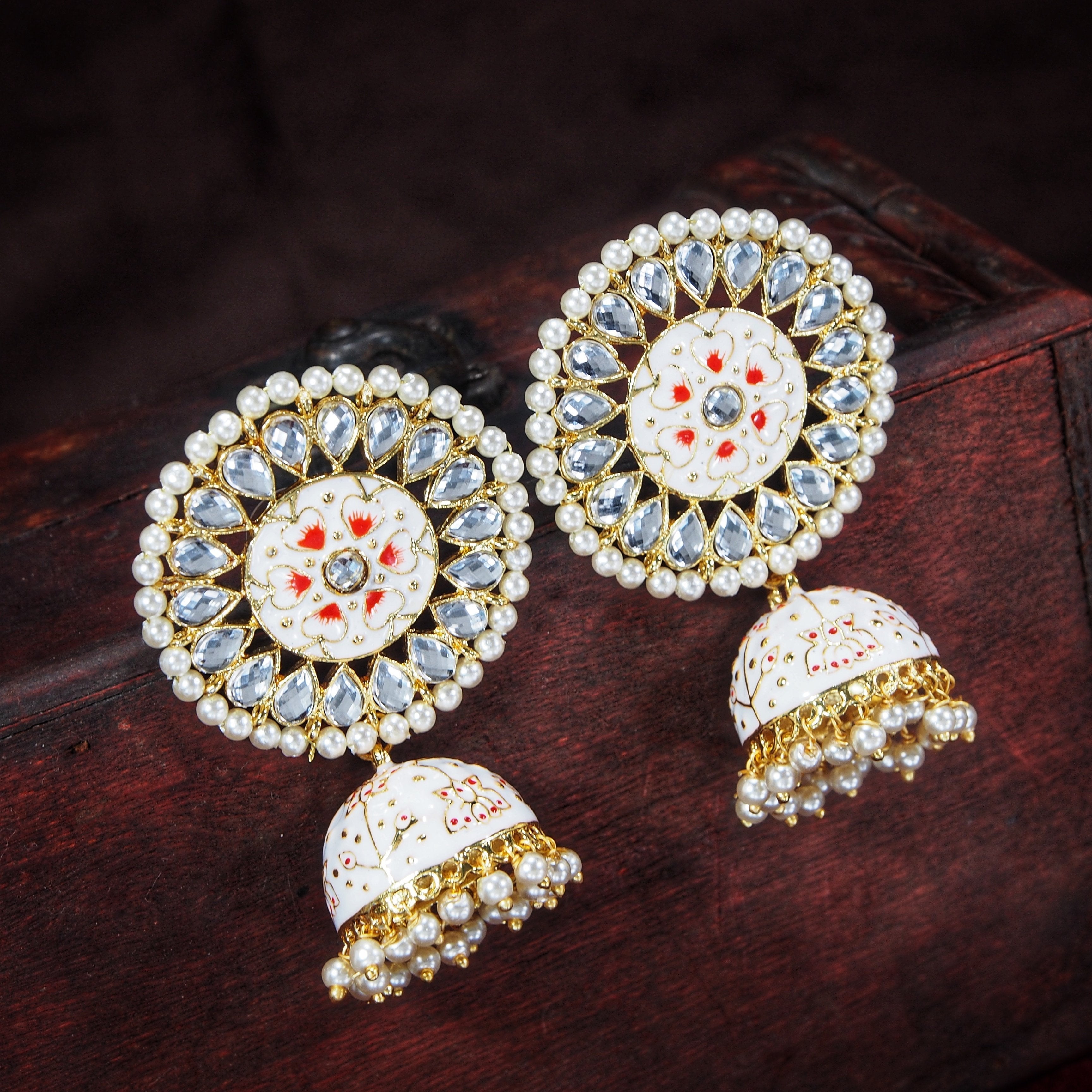 Women's  Gold Plated Cream Handcrafted Kundan Pearl Studded Meenakari Jhumki Earring