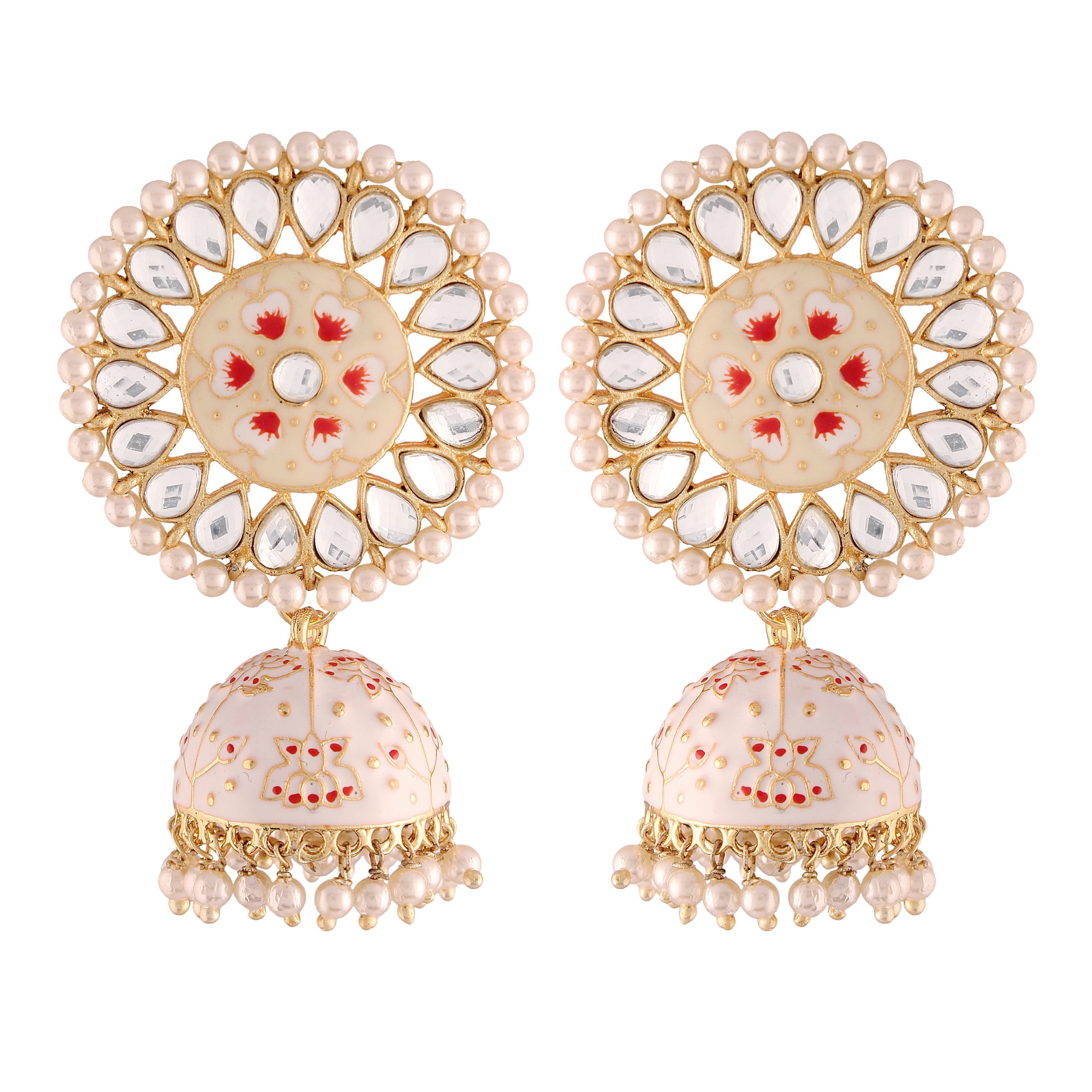 Women's  Gold Plated Cream Handcrafted Kundan Pearl Studded Meenakari Jhumki Earring