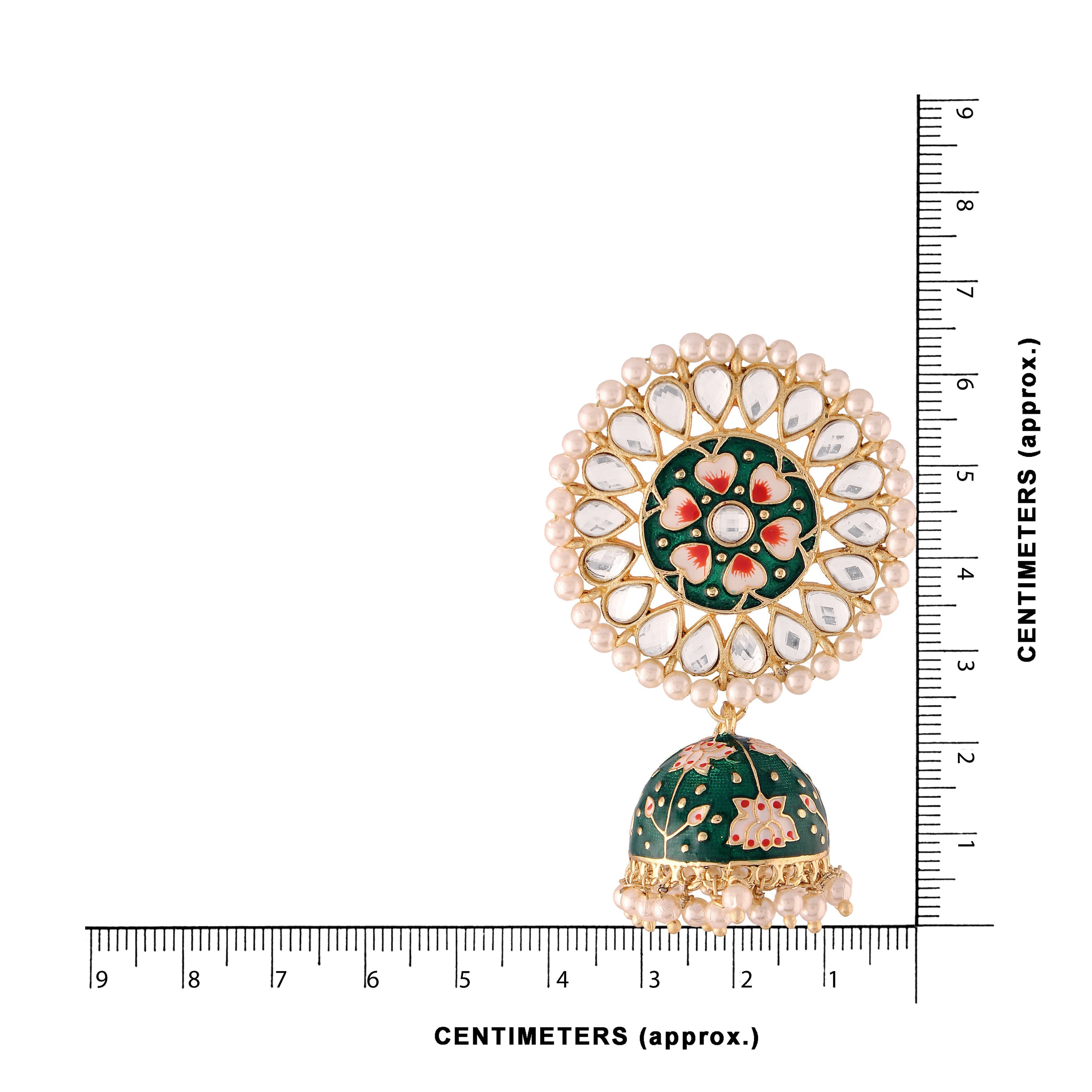 Women's  Gold Plated Green Handcrafted Kundan Pearl Studded Meenakari Jhumki Earring