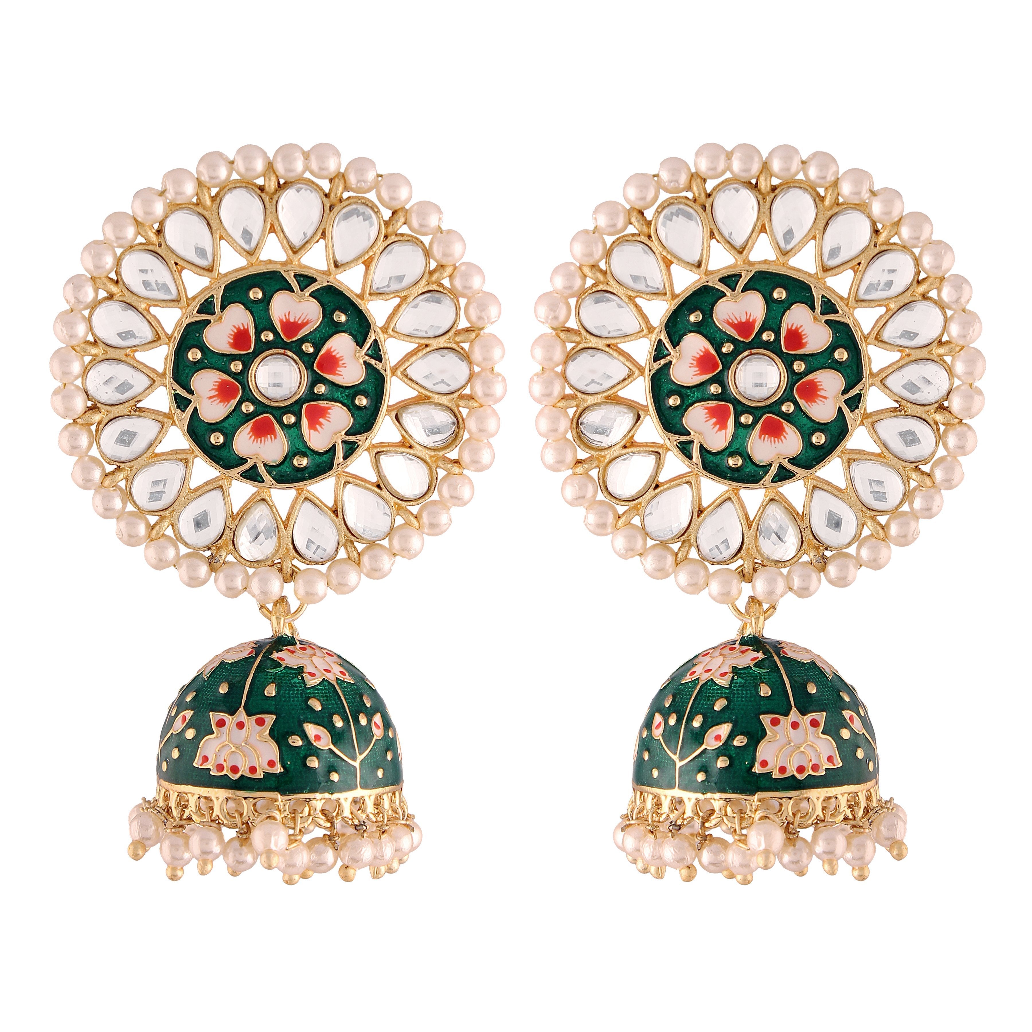 Women's  Gold Plated Green Handcrafted Kundan Pearl Studded Meenakari Jhumki Earring