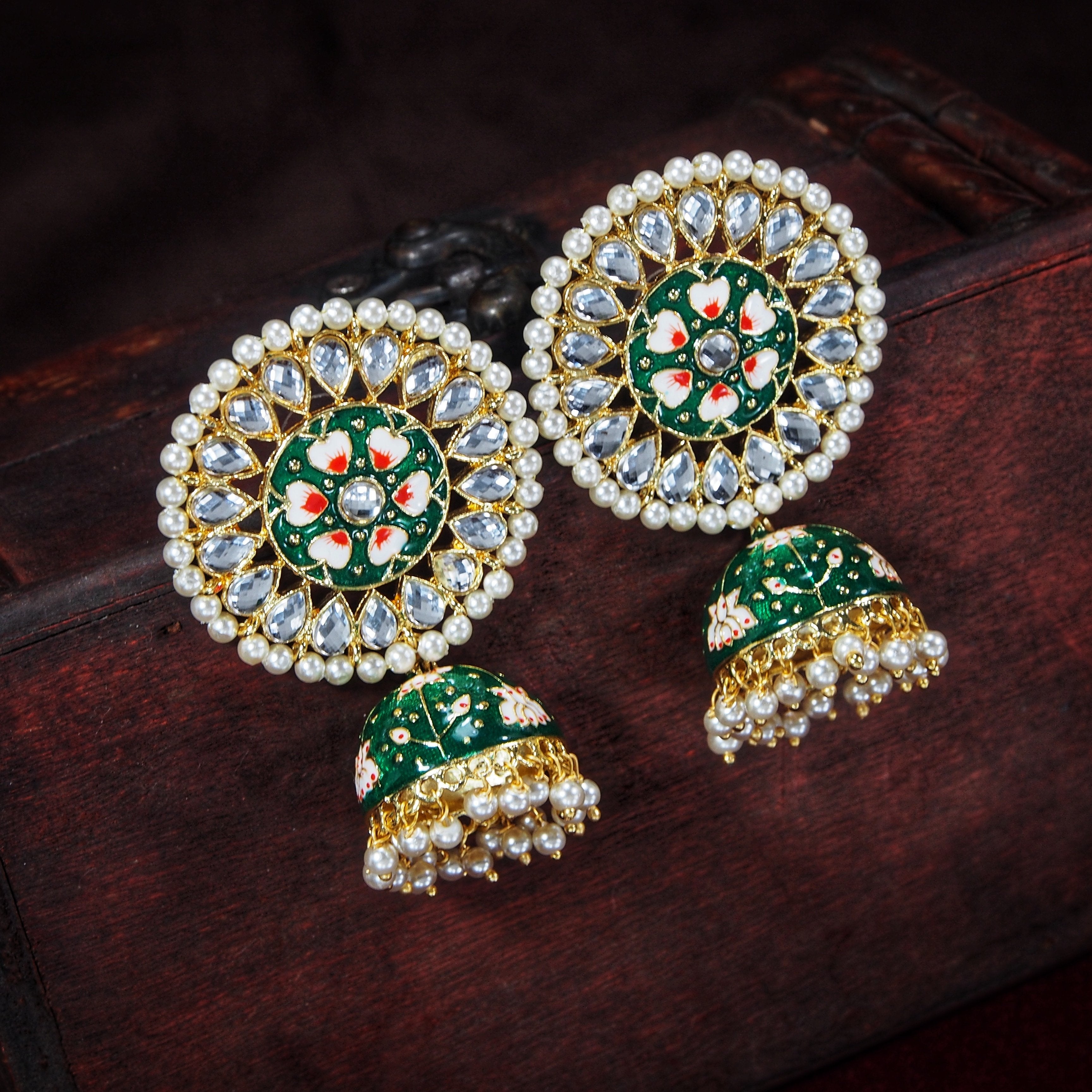 Women's  Gold Plated Green Handcrafted Kundan Pearl Studded Meenakari Jhumki Earring