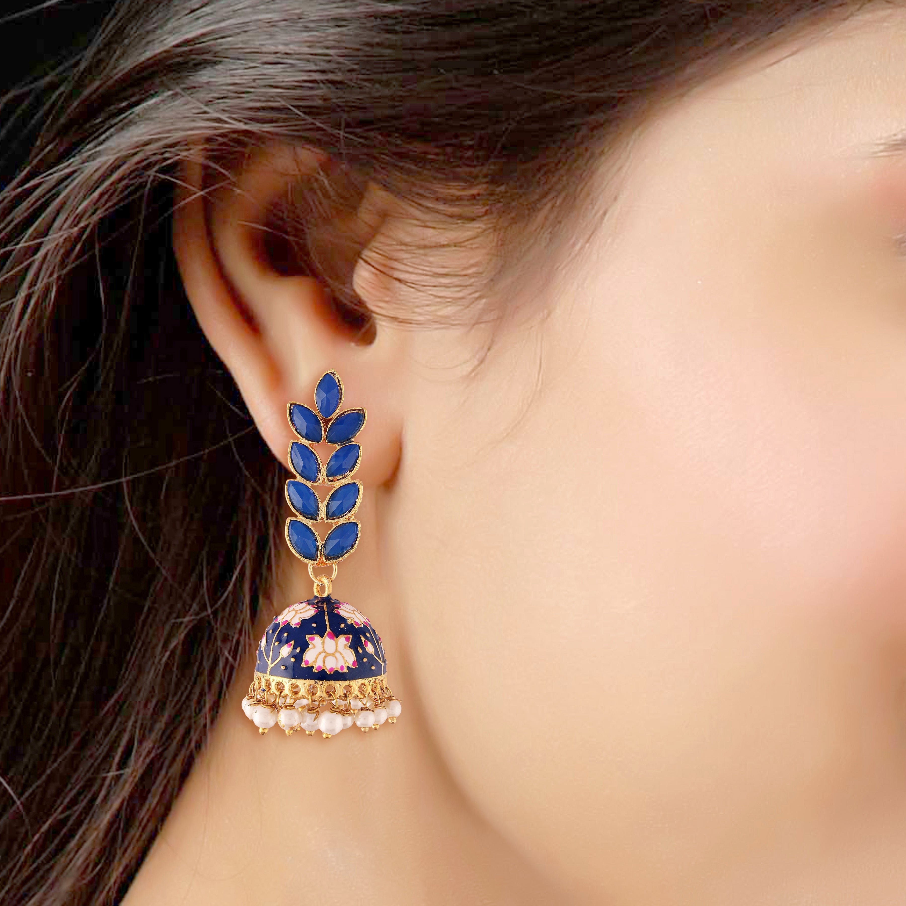 Women's 18k gold plated blue enamelled leaf shaped jhumki earringse2922gr